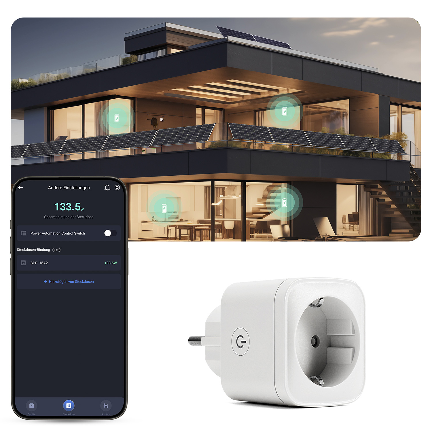 Ein smartes Steckdosen-Set mit Haus und App-Anzeige. Inklusive weißem Stecker.
