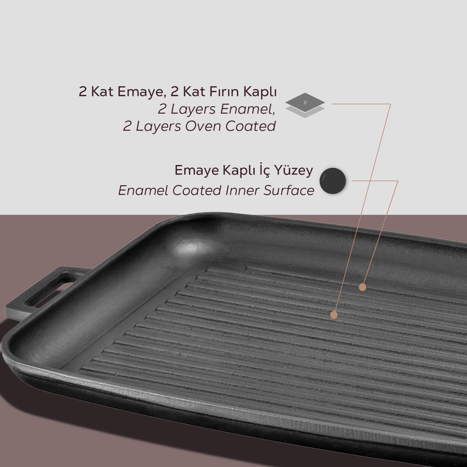 Çift emaye ve fırın kaplamalı siyah döküm ızgara tava, detaylı görünüm.