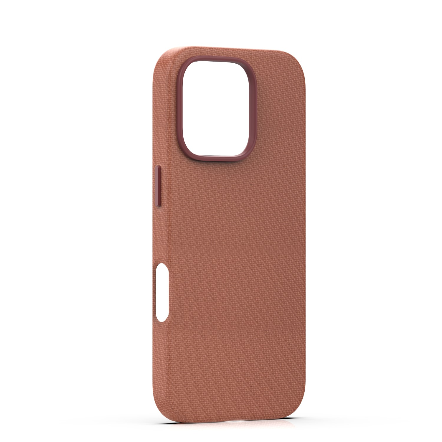 Brózowe etui na telefon z tkaniny, bordowym rantem i wycięciem.