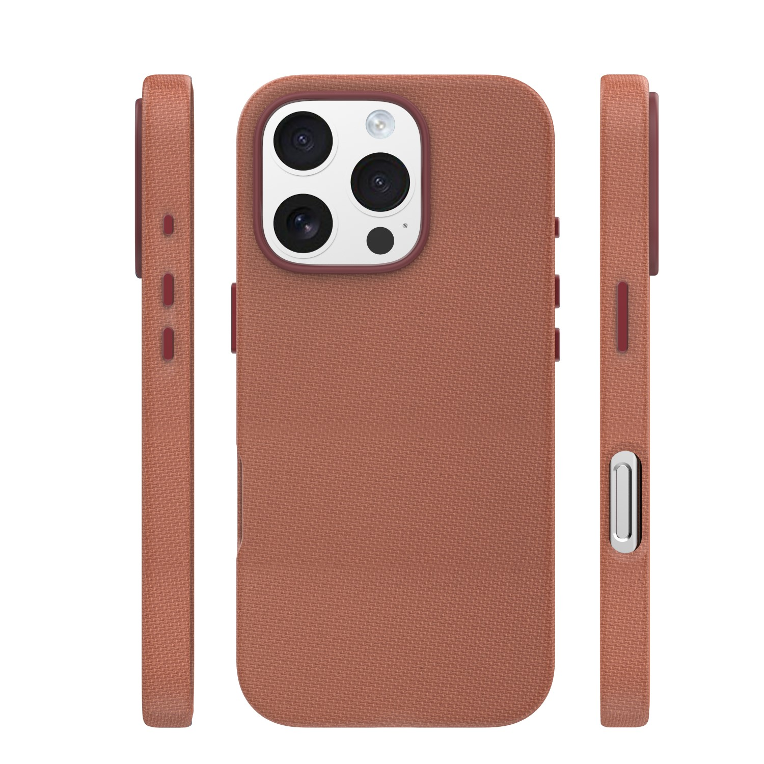 Brązowe etui na telefon z wycięciem na aparat, pokazane z trzech stron.