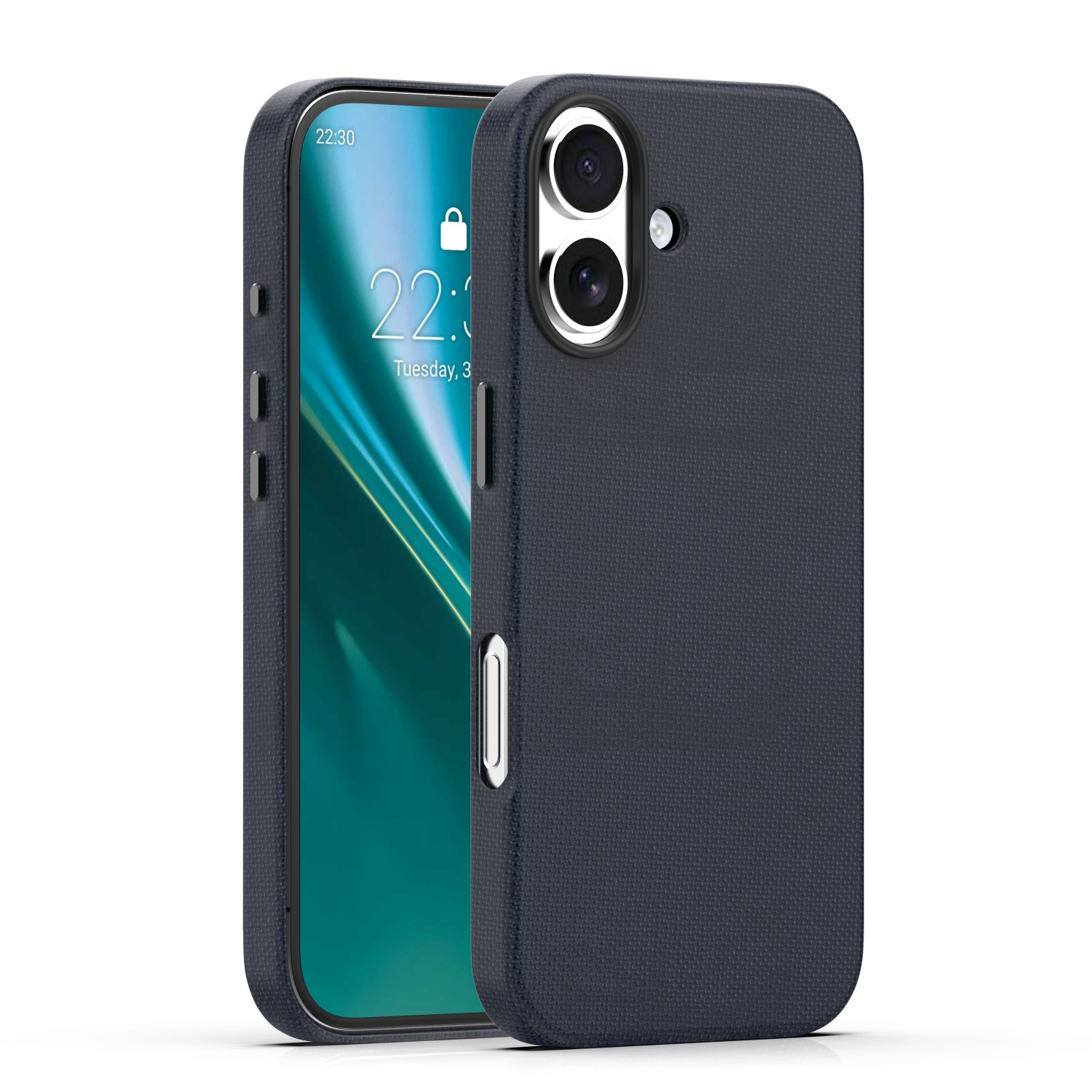Ciemnoszary telefon z aparatami i ekranem blokady.