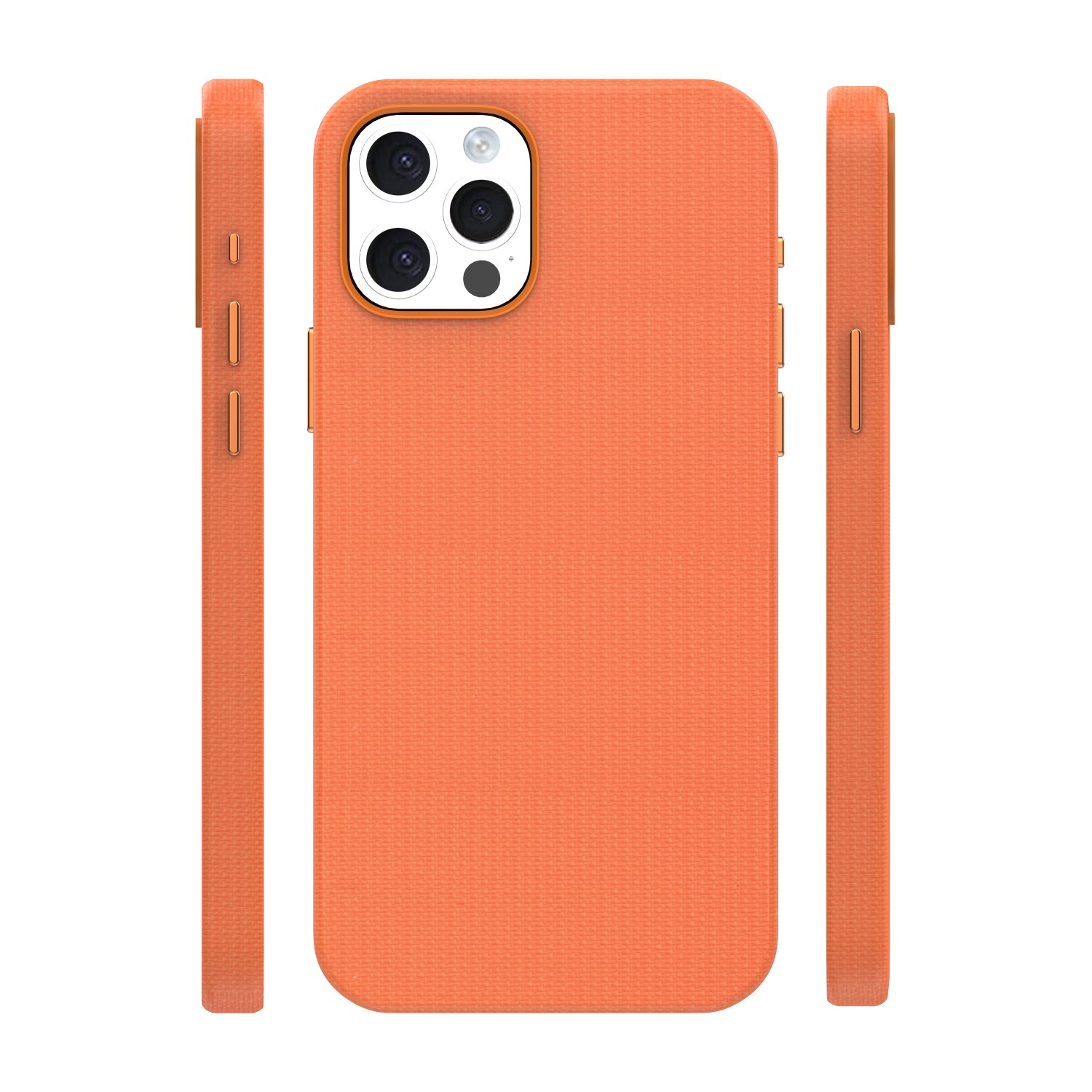 Custodia per telefono arancione con modulo fotocamera e pulsanti laterali.