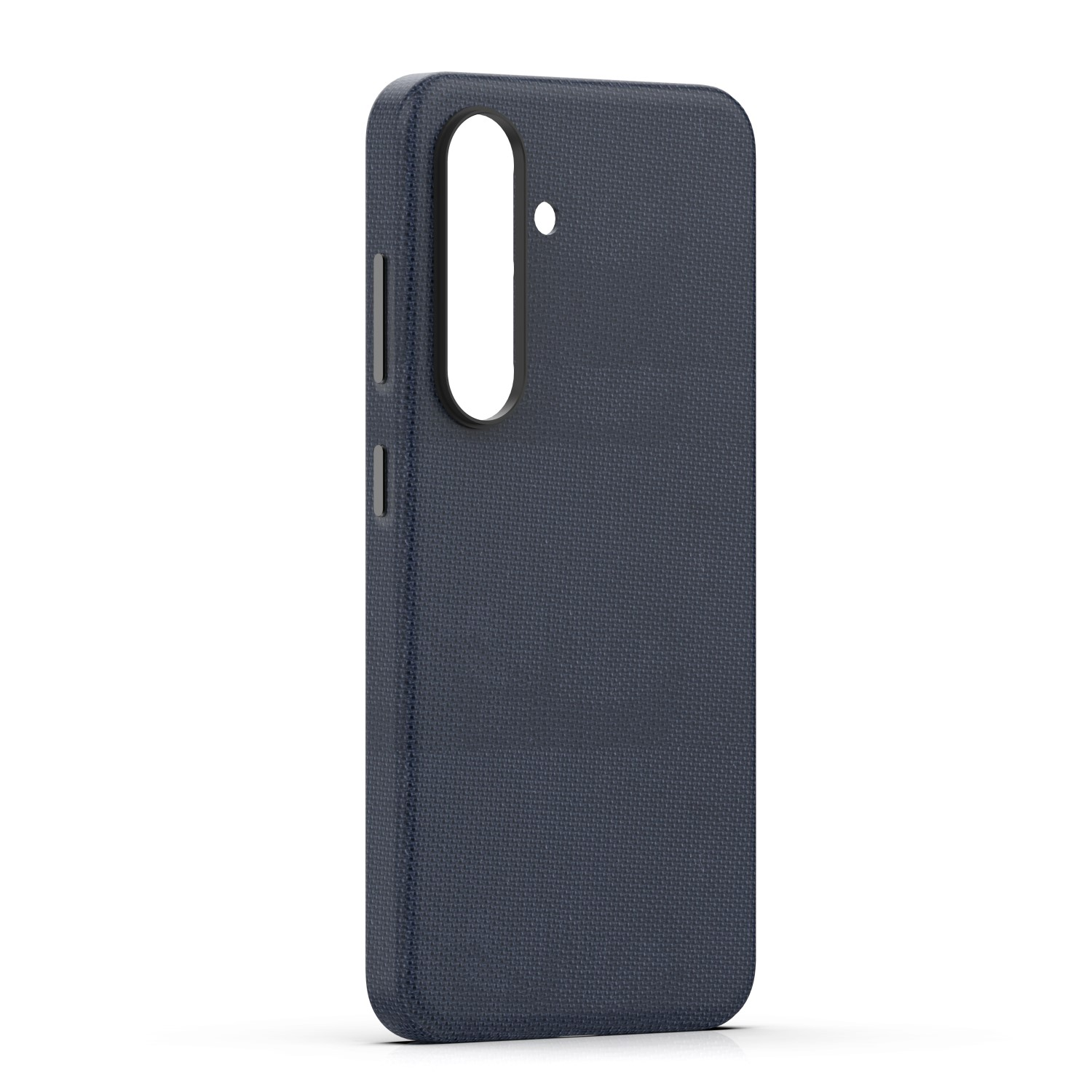 Granatowe etui na telefon z teksturowaną powierzchnią i wycięciem na aparat.