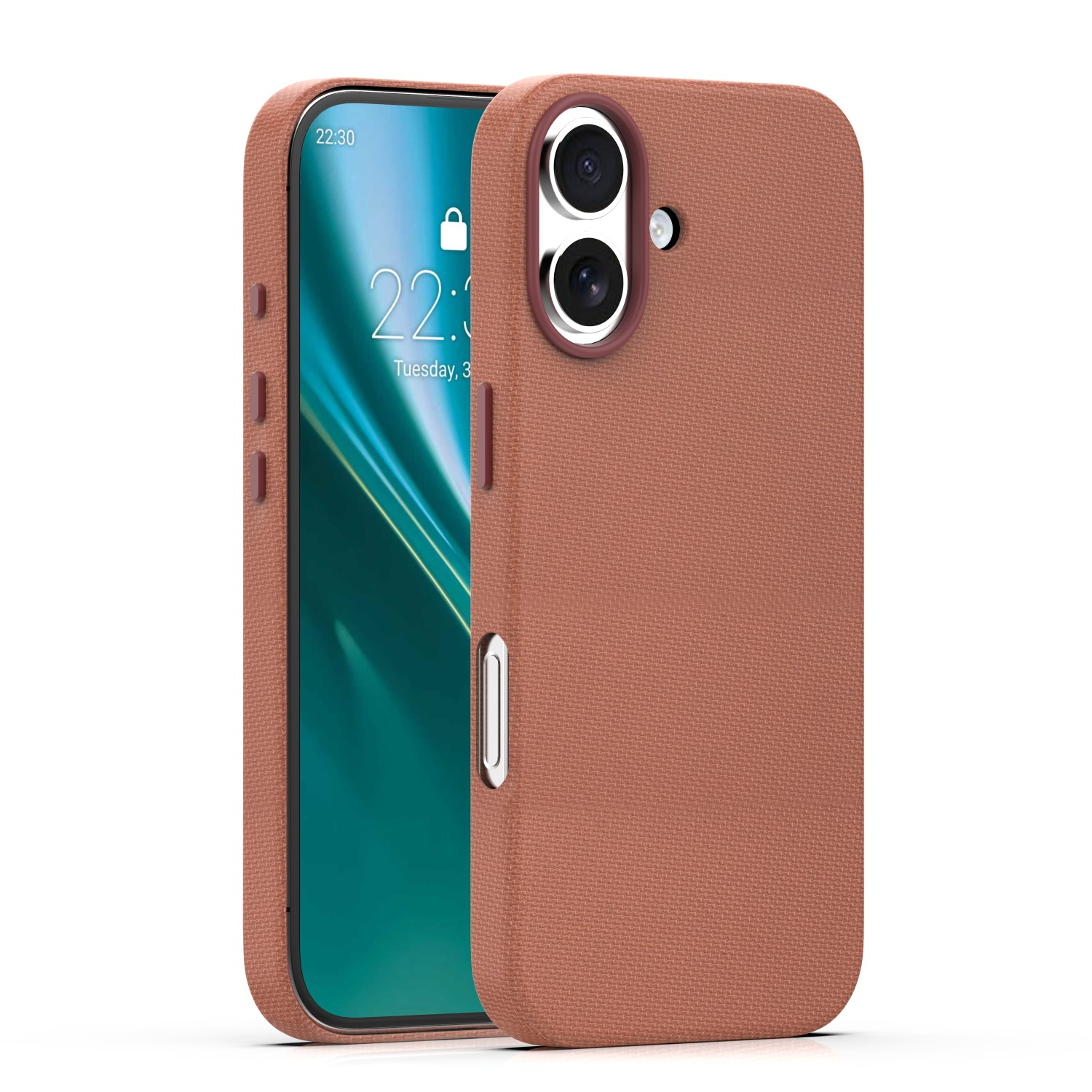 Brązowy telefon z dwoma aparatami i ekranem pokazującym 22:30. Minimalistyczny design.