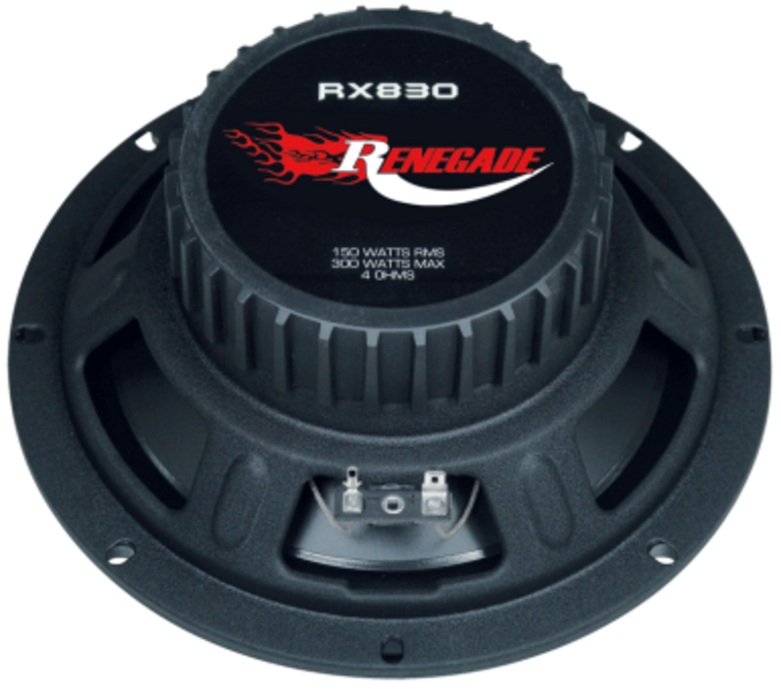 Schwarzer Lautsprecher mit rotem Renegade-Logo und RX830-Aufschrift.
