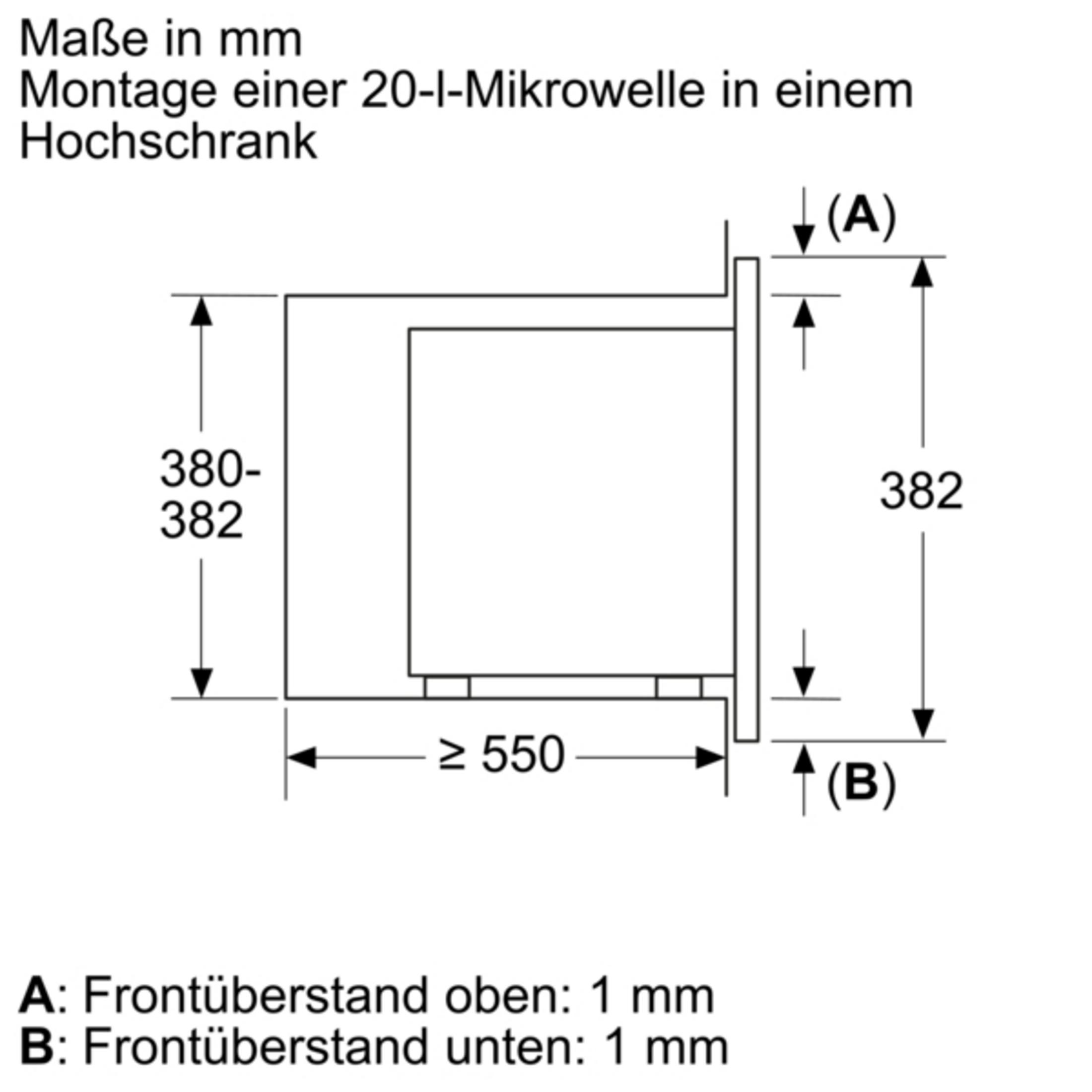 Technische Zeichnung einer Mikrowelle mit Maßen und Einbauhinweisen.