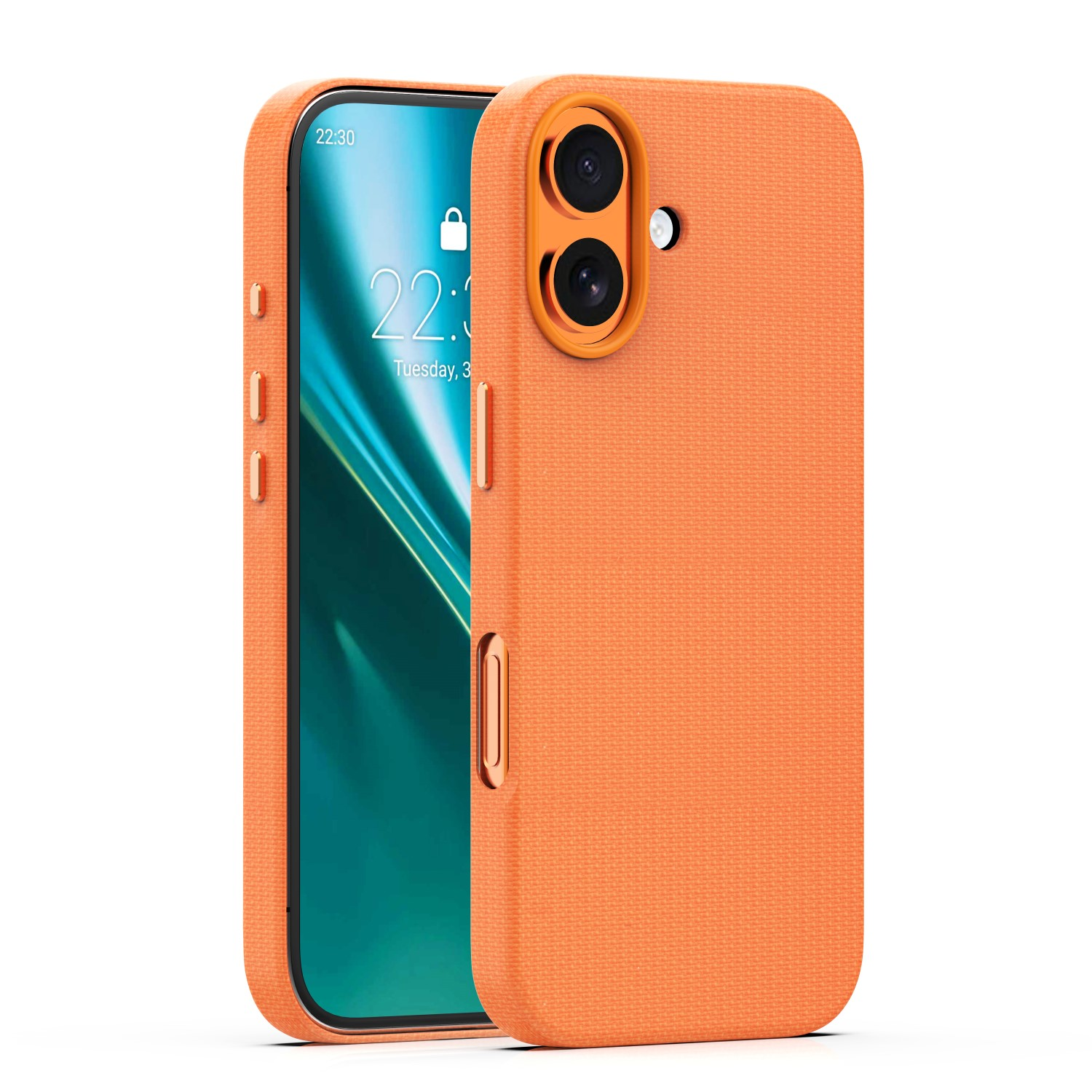 Pomarańczowe etui na telefon z podwójnym obiektywem na białym tle.