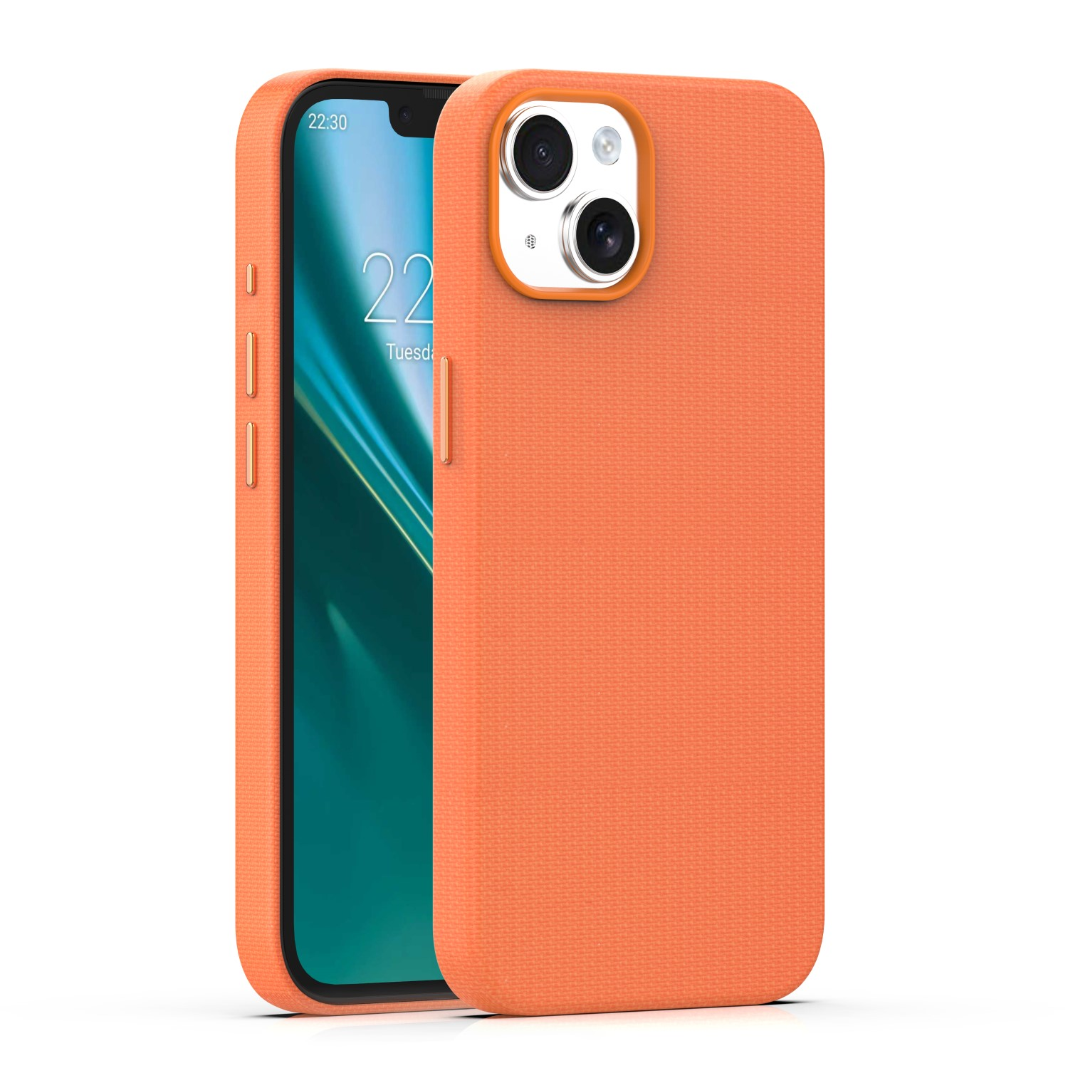 Pomarańczowy iPhone z modułem kamery i ekranem blokady.