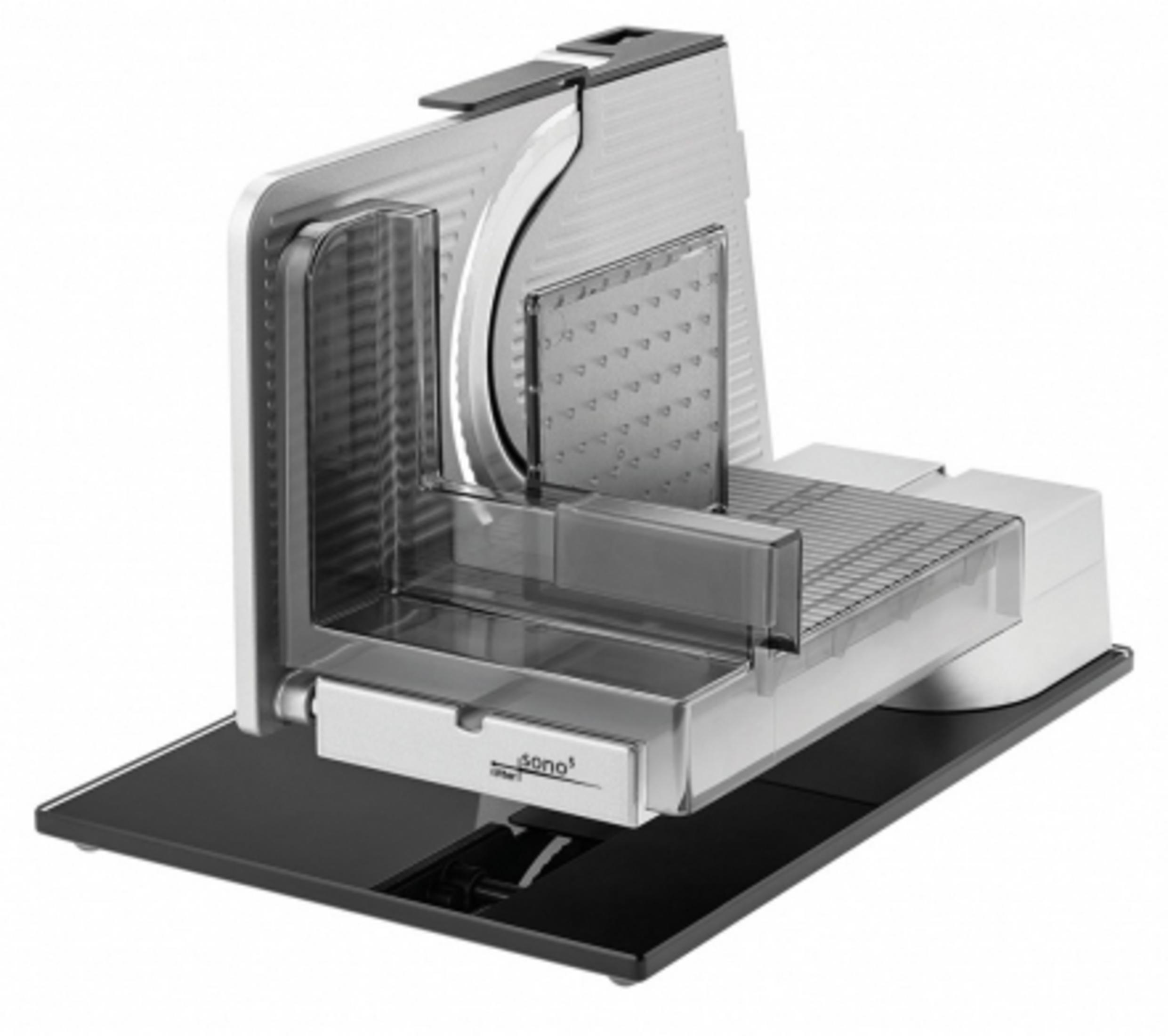 Srebrna elektryczna krajalnica z przezroczystą osłoną i tacką.