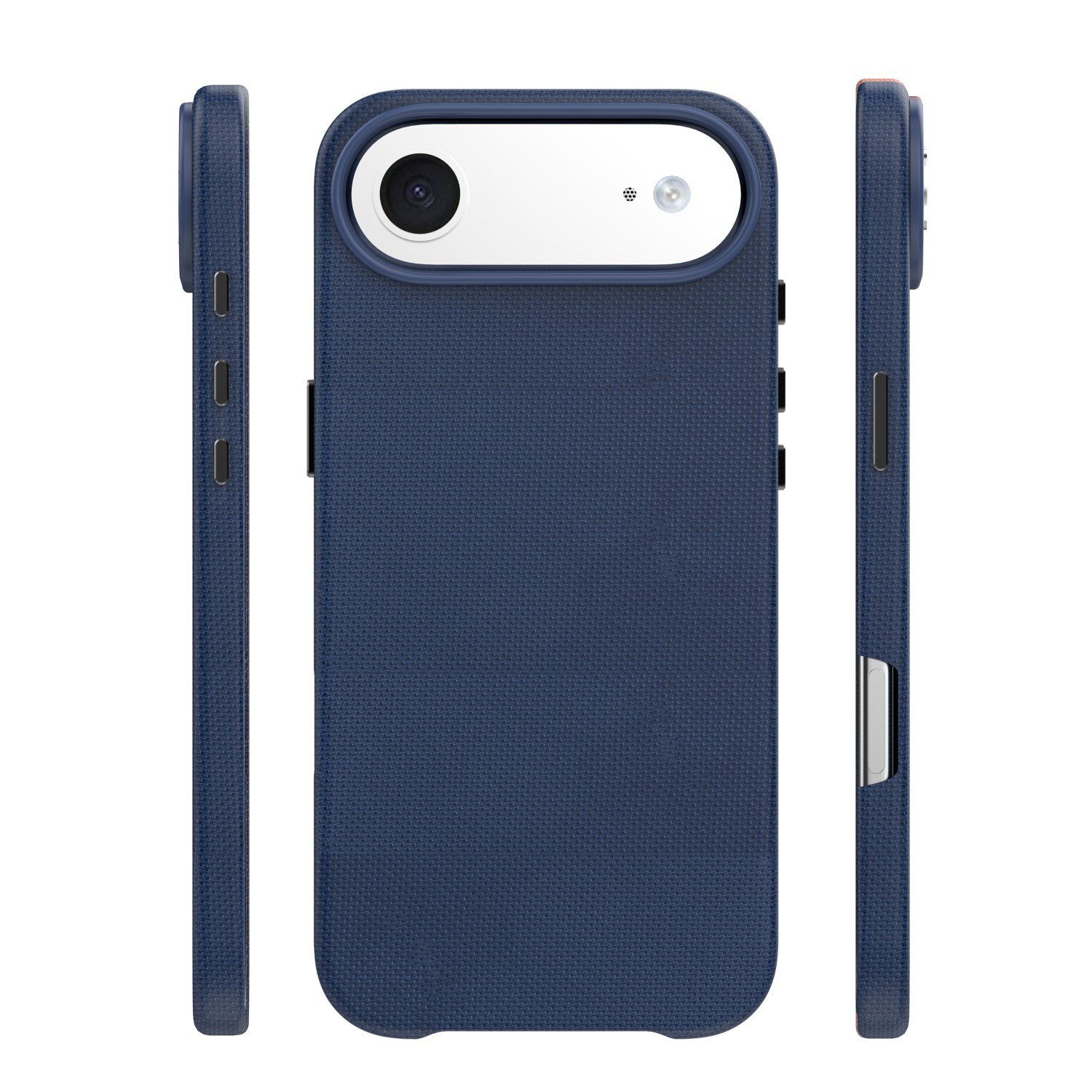 Tre viste di una custodia blu scuro per telefono con ritaglio fotocamera bianco.