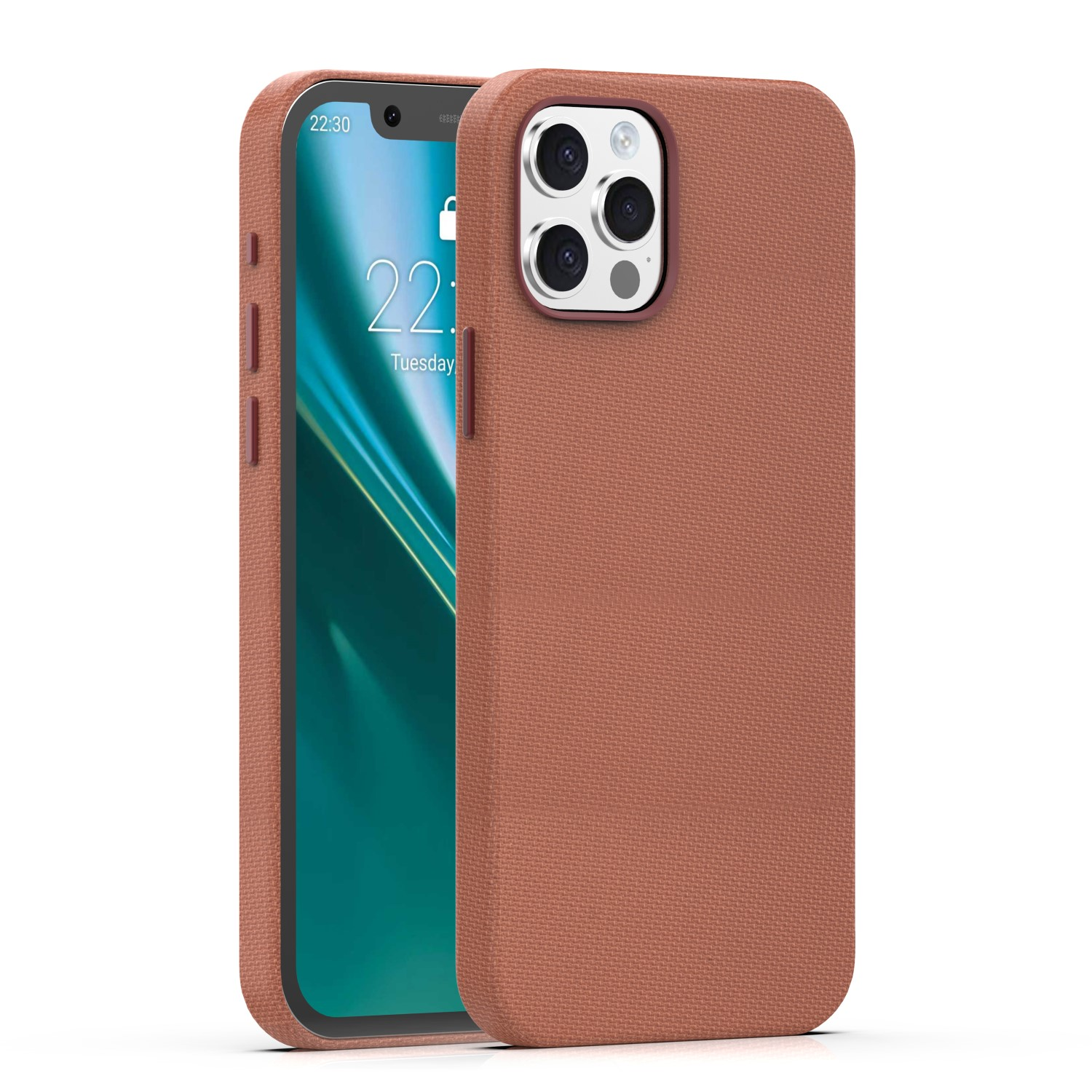 Telefon w kolorze terakoty z etui, potrójnym aparatem i zablokowanym ekranem.