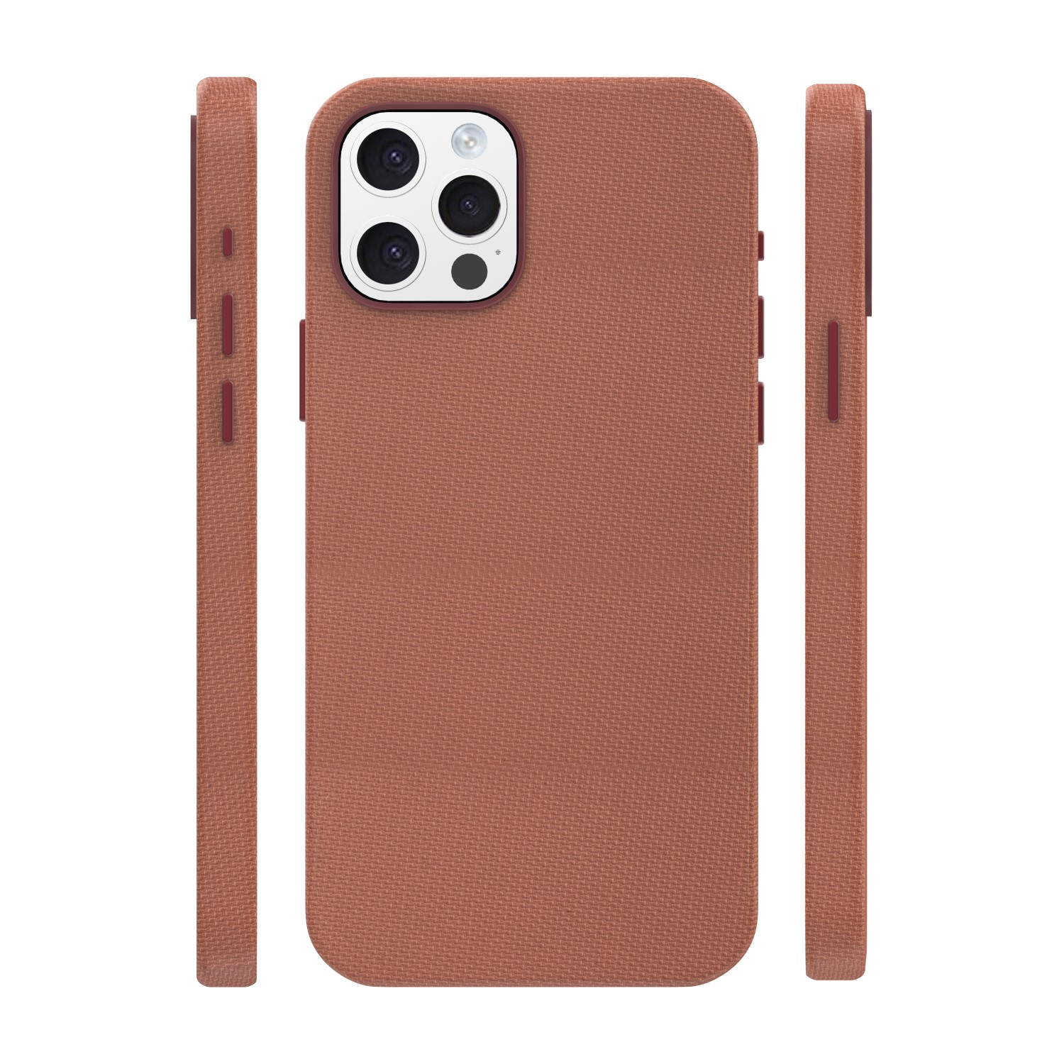 Brązowe etui na telefon pokazane z przodu, z tyłu i z boku. Widoczny moduł kamery.