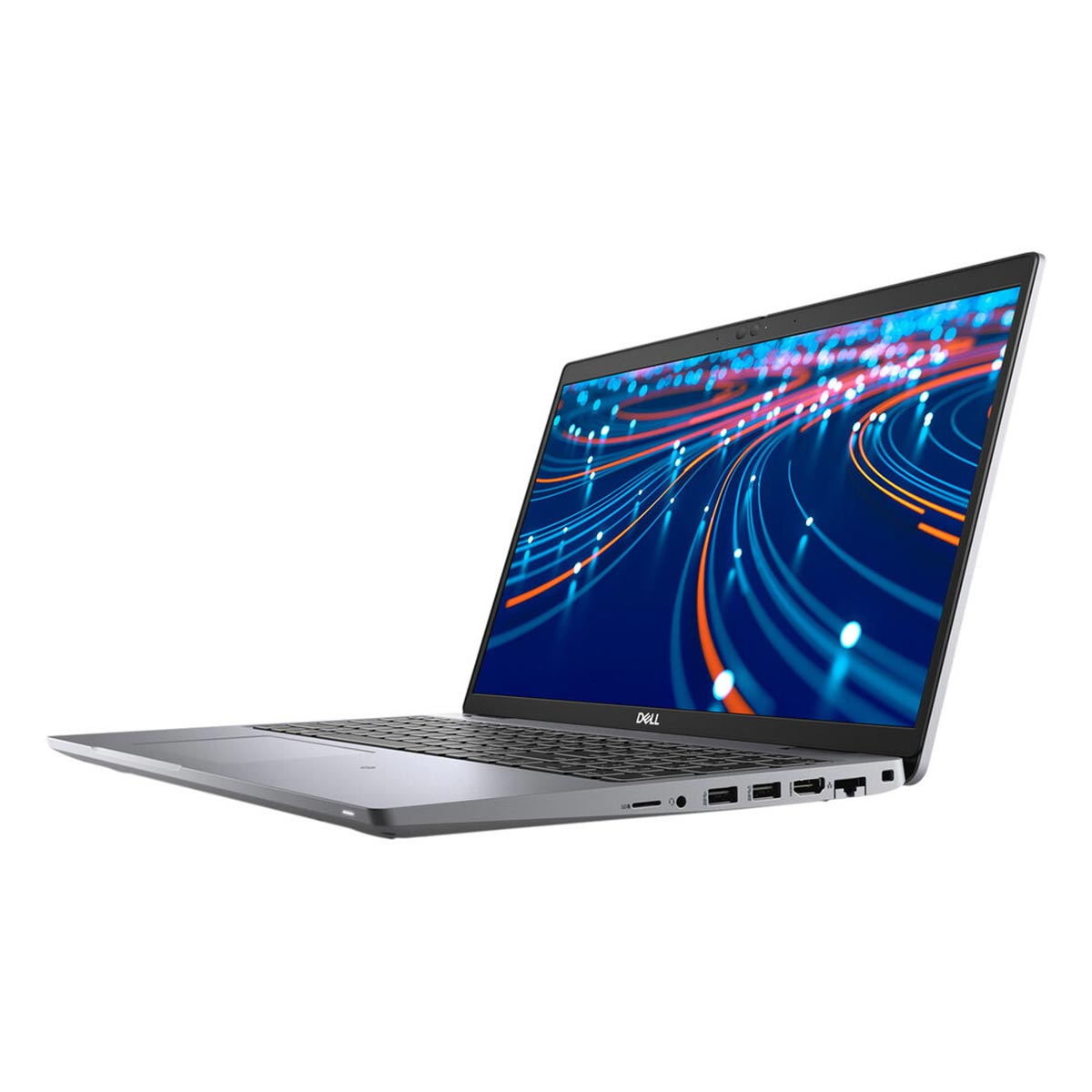 Srebrny laptop Dell z abstrakcyjnym niebiesko-pomarańczowym tłem na ekranie.