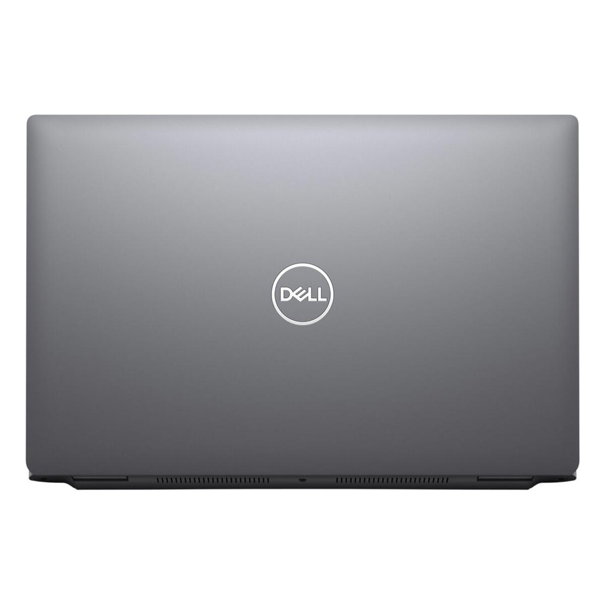 Zamknięty szary laptop Dell z srebrnym logo na pokrywie.