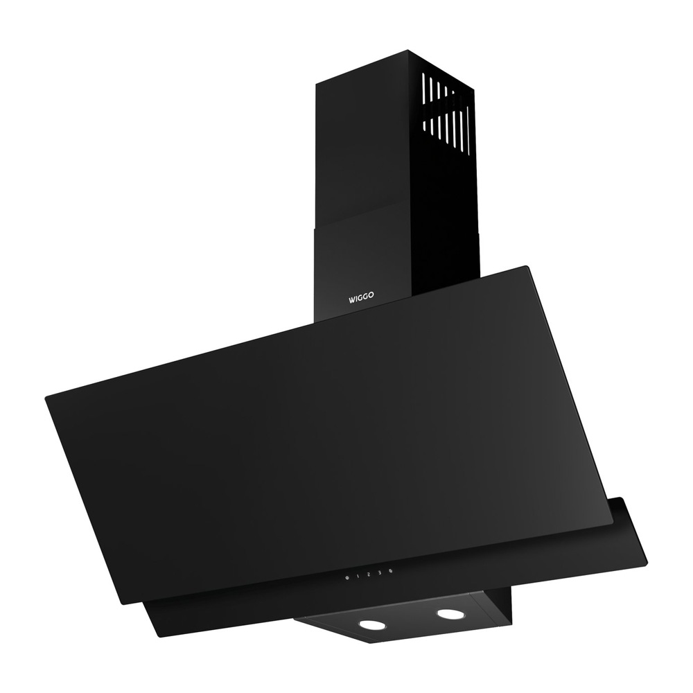 Hotte aspirante noire inclinée avec une cheminée. Commandes tactiles.