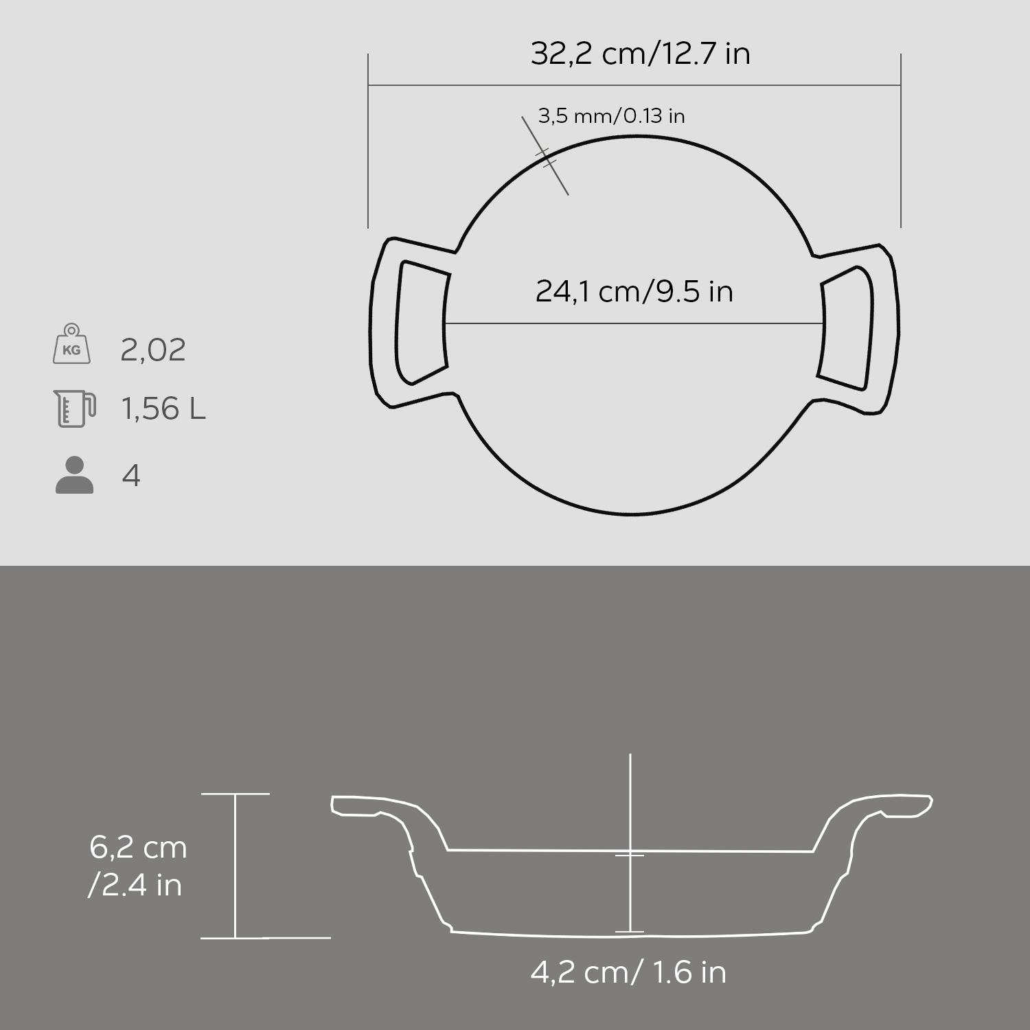Tencere teknik çizimi boyutlarıyla: 32,2cm Ø, 24,1cm genişlik, 3,5mm kalınlık, 6,2cm yükseklik.
