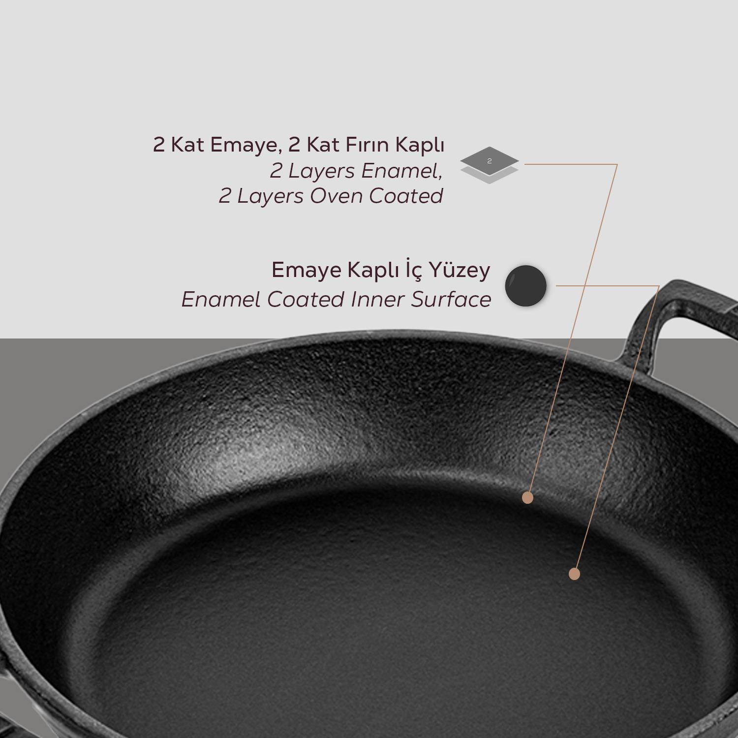 Döküm tencere, 2 kat emaye ve 2 kat fırın kaplamalıdır.