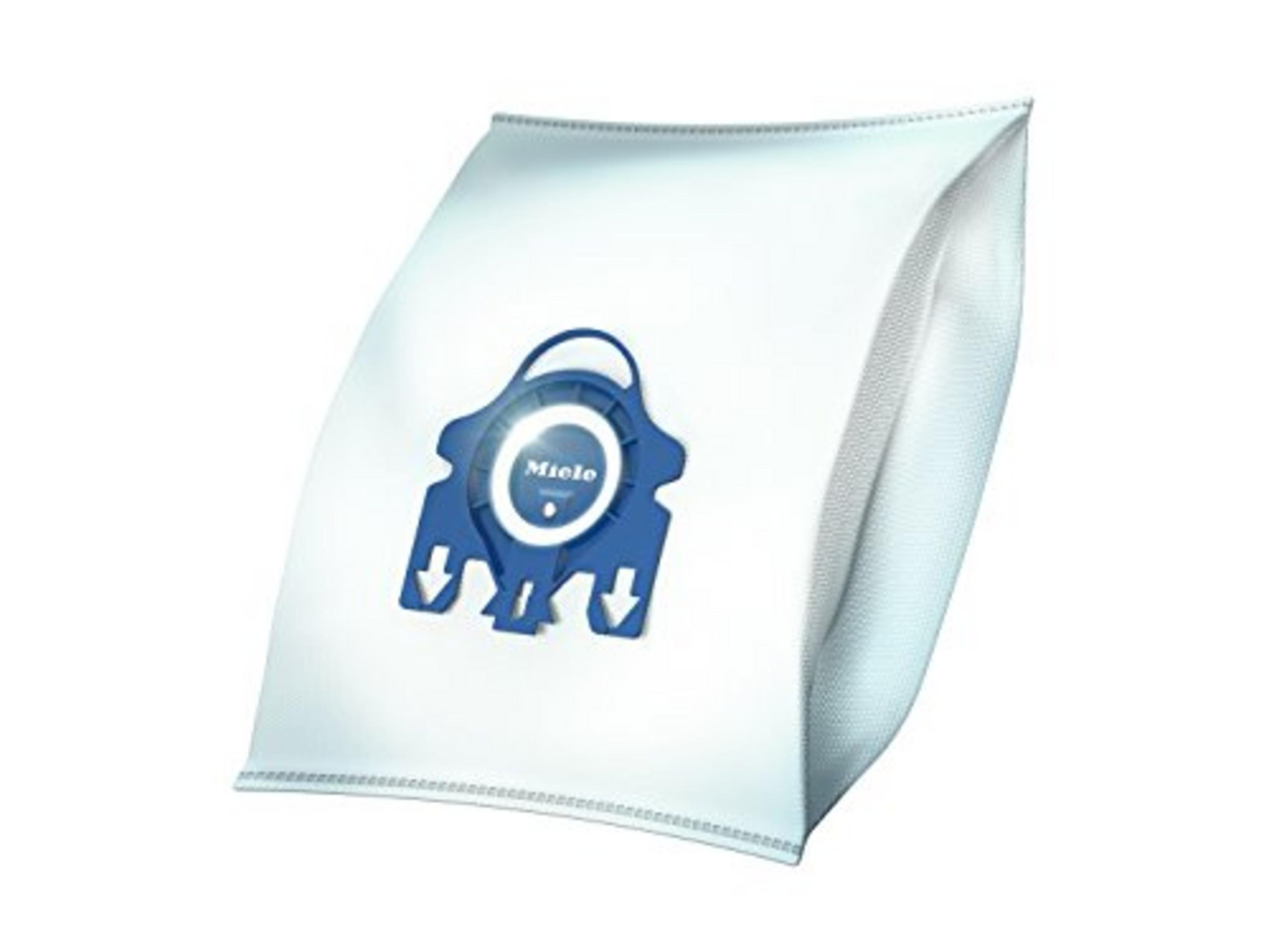 Un sacchetto bianco per aspirapolvere Miele con connettore blu e frecce.