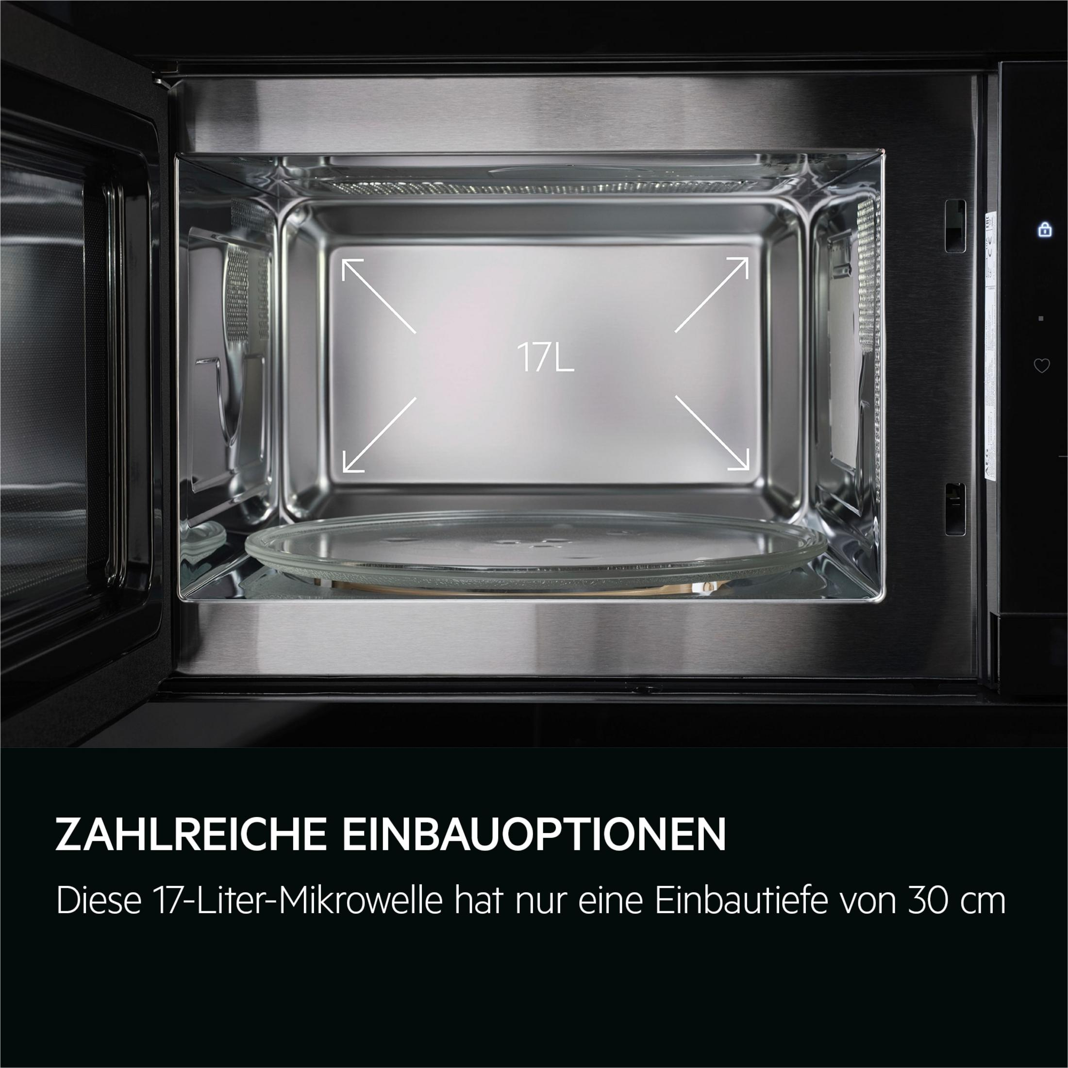 Innenansicht einer 17L Mikrowelle mit Glasdrehteller und Edelstahl.