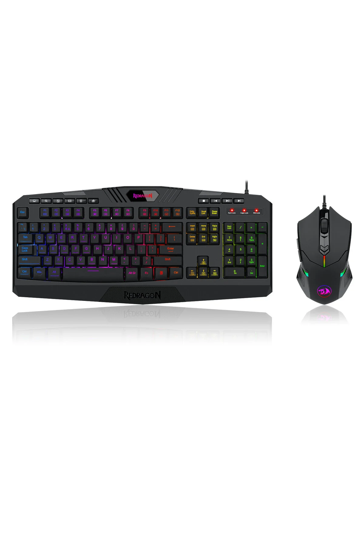 RGB aydınlatmalı siyah bir Redragon oyuncu klavyesi ve faresi.