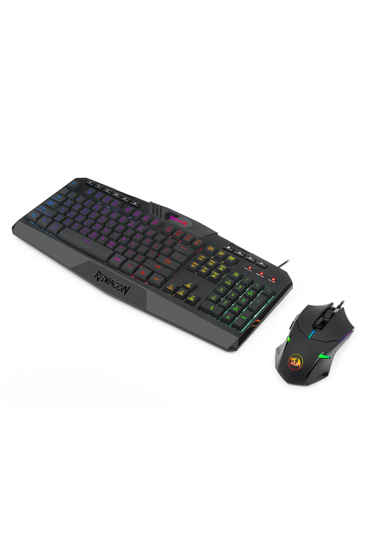 Beyaz arka plan üzerinde RGB aydınlatmalı siyah klavye ve fare.