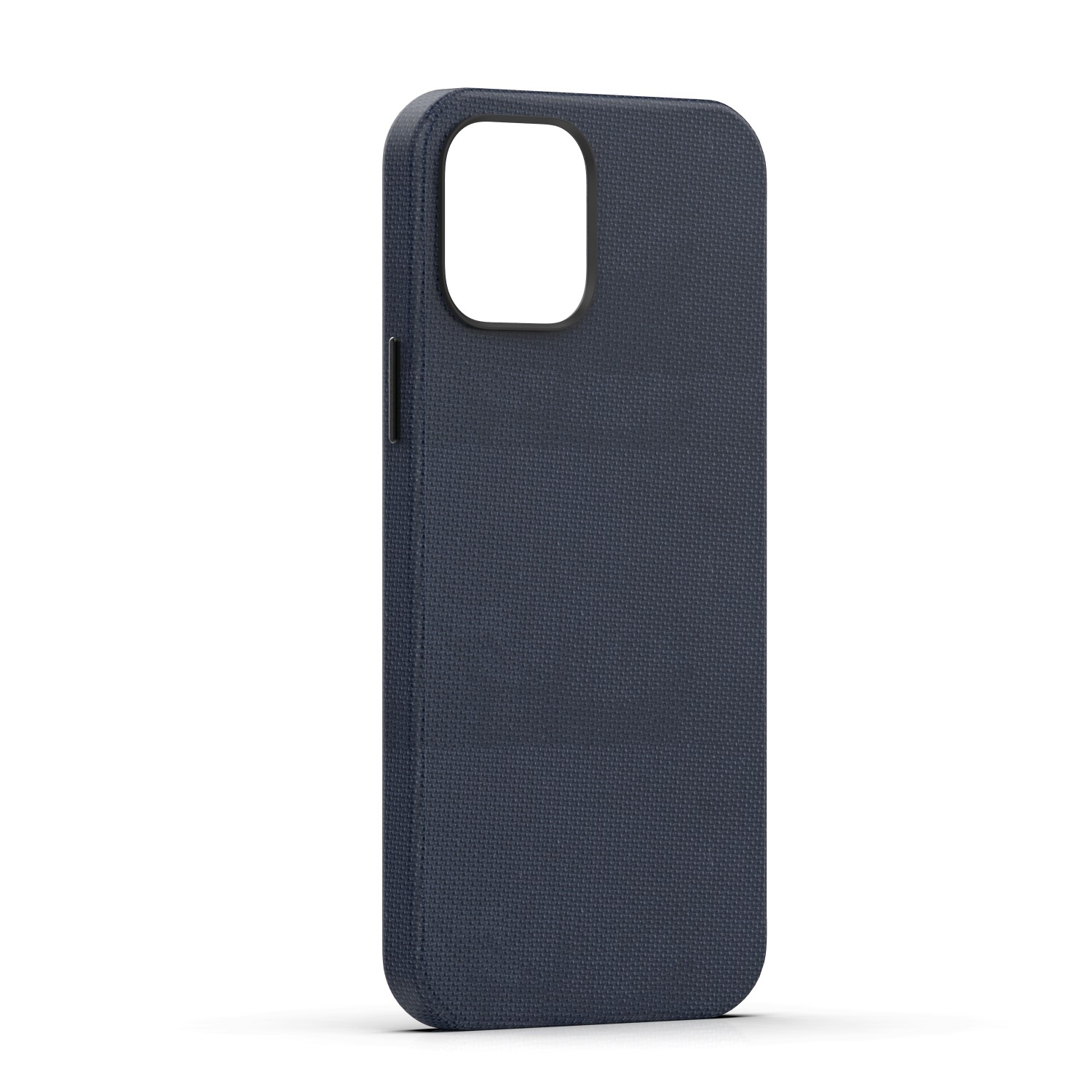 Custodia blu scuro in tessuto per smartphone, isolata su bianco.