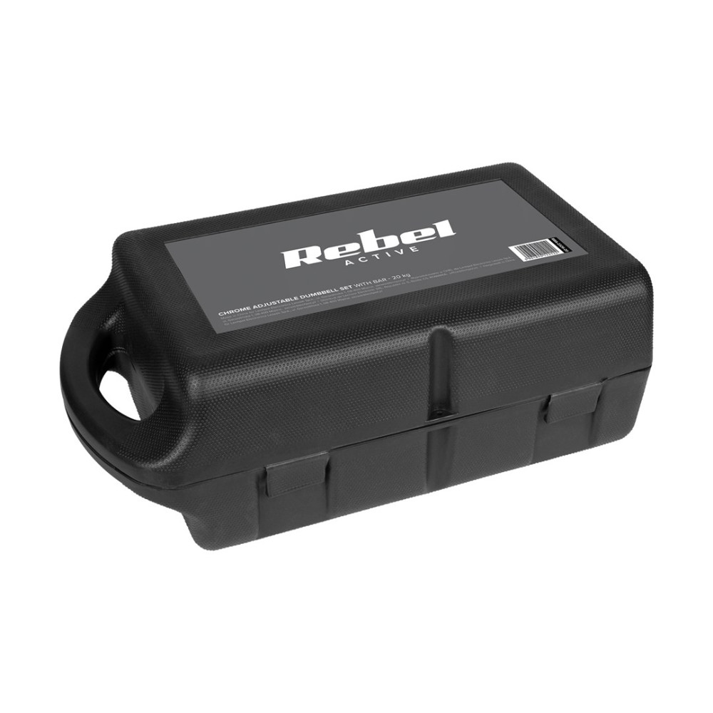 Czarna walizka z logo 'Rebel Active' i napisem 'Chrome Adjustable Dumbbell Set - 20 kg'.