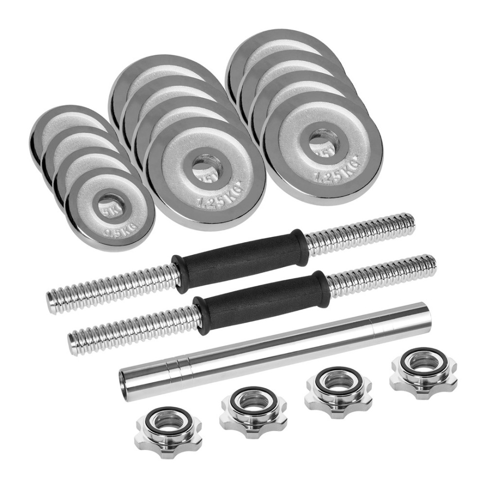 Talerze obciążeniowe i gryfy z czarnymi uchwytami na białym tle.