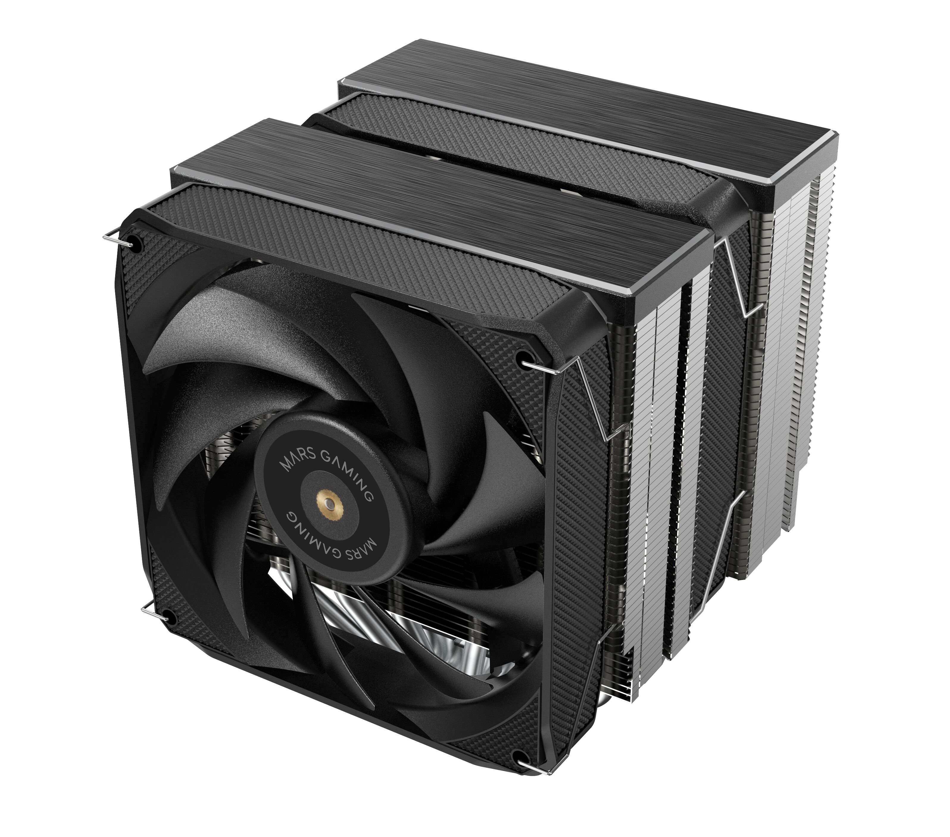 Czarna chłodnica CPU z wentylatorem i srebrnymi żeberkami.