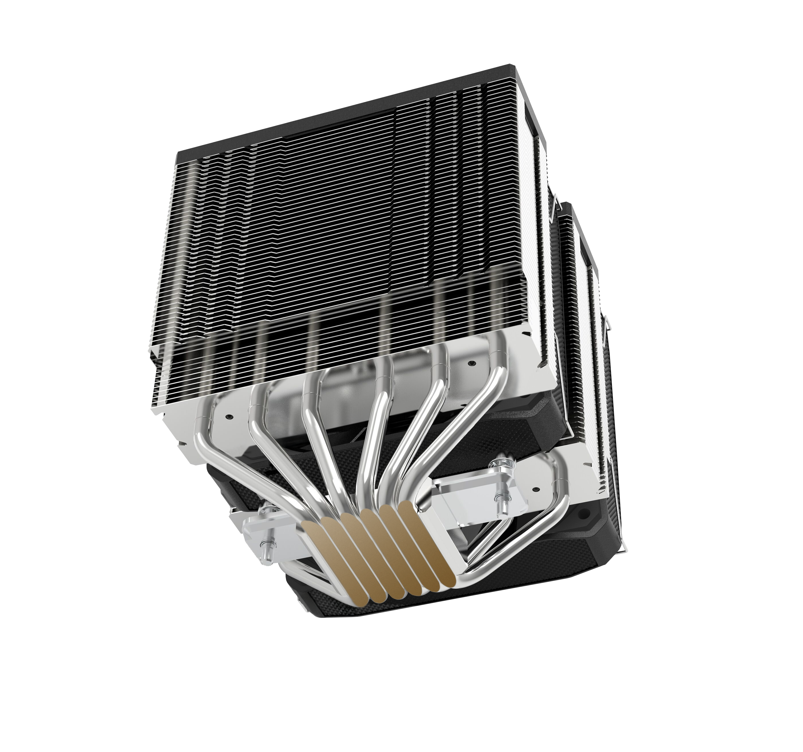 Srebrny cooler CPU z wieloma żeberkami i miedzianymi rurkami cieplnymi.