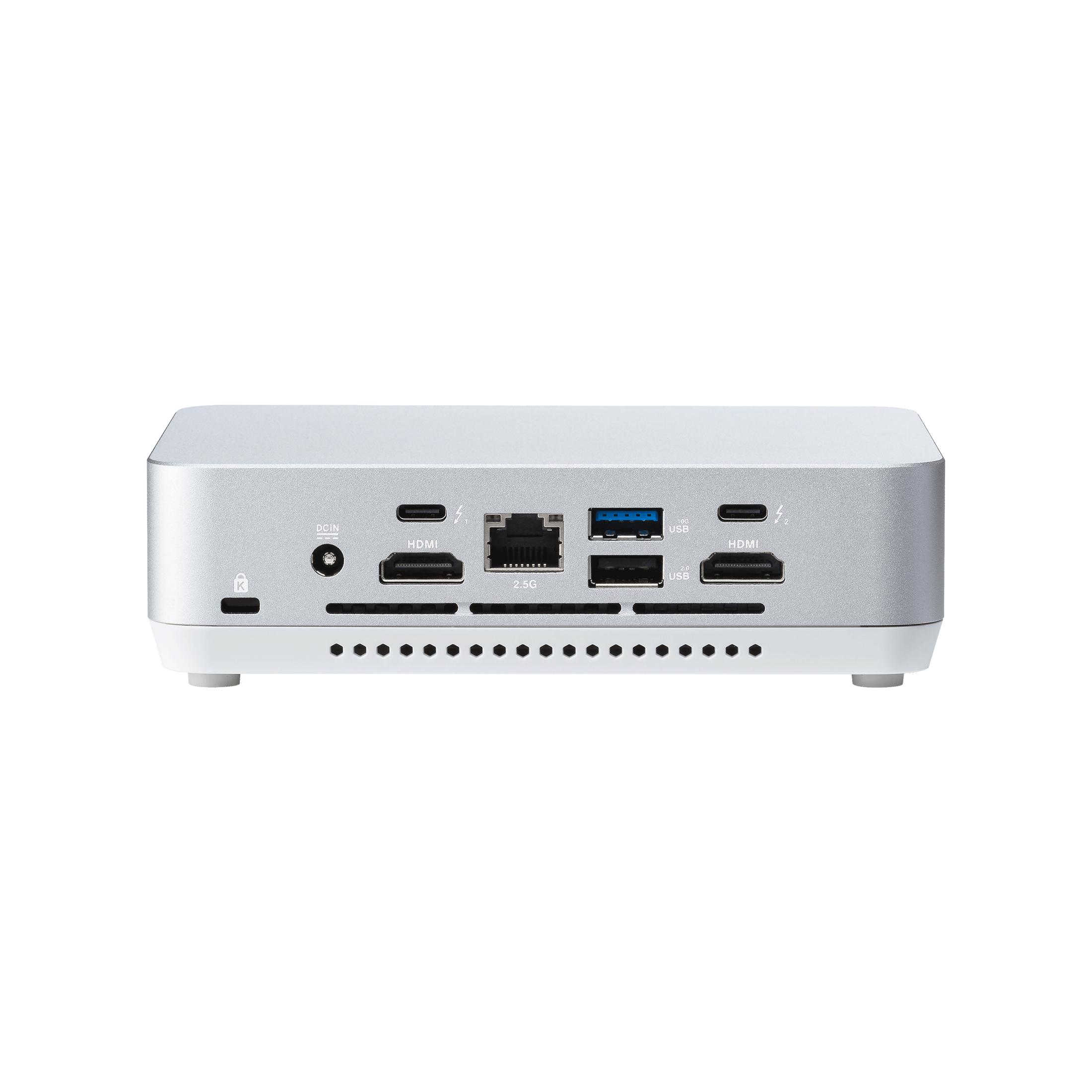 Silver computer with DCIN, HDMI, USB, Ethernet, and SD card ports.