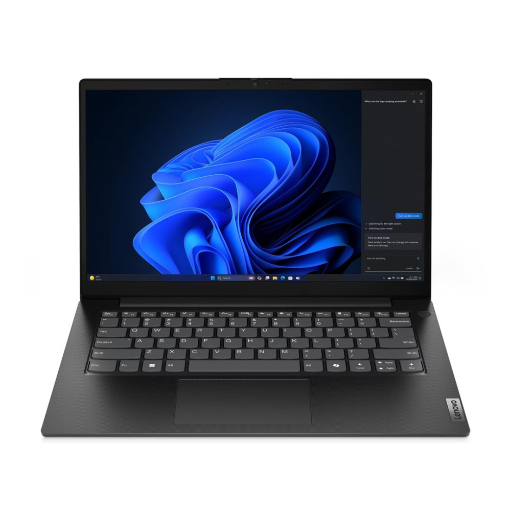 Otwarty czarny laptop Lenovo z niebieską tapetą abstrakcyjną na ekranie.