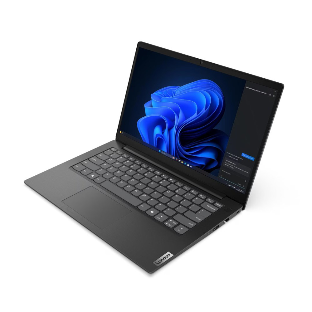 Czarny laptop Lenovo z niebieską tapetą na ekranie.