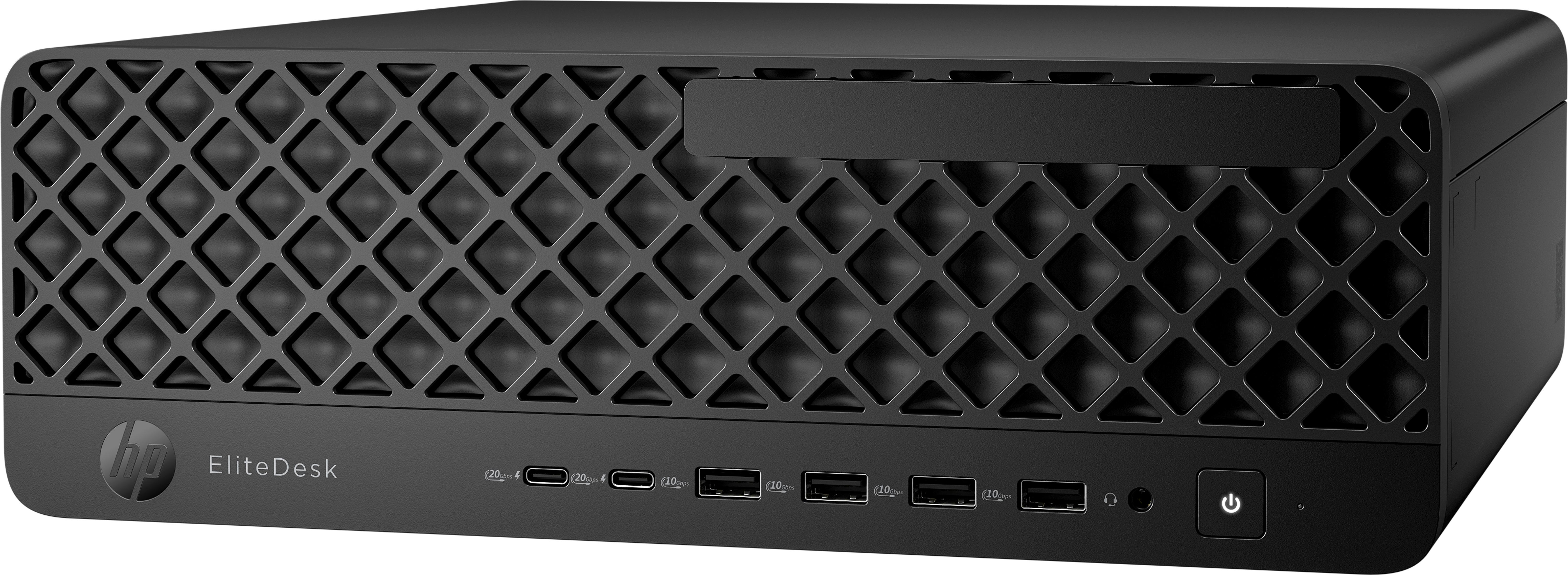 Schwarzer HP EliteDesk Computer mit wabenförmigem Frontgitter und Anschlüssen.