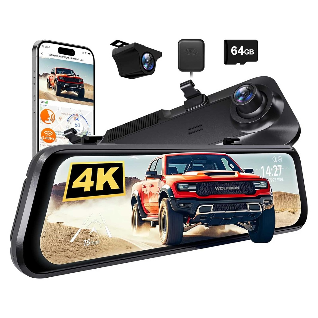 Een 4K spiegel dashcam set met telefoon, GPS, SD-kaart en twee camera's.