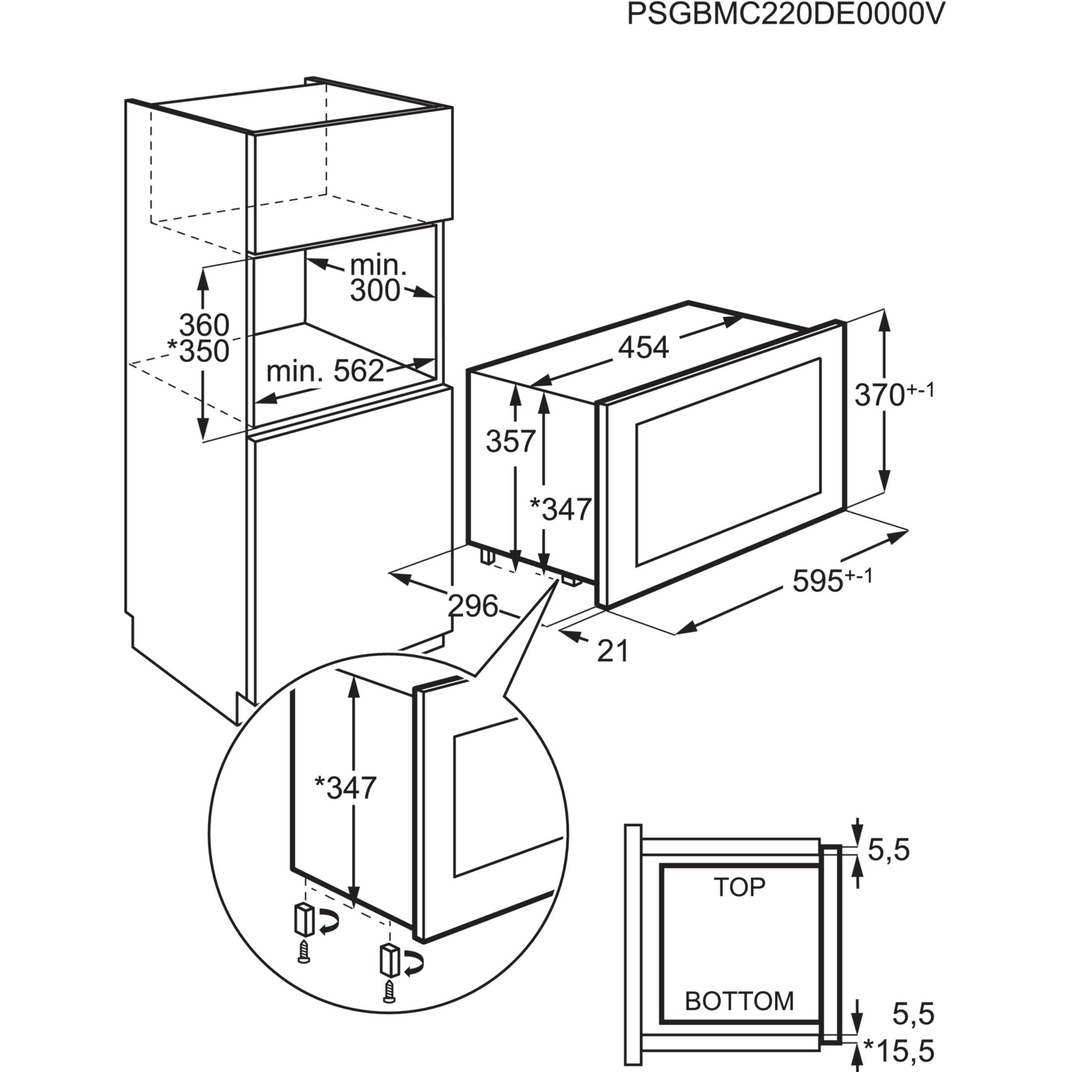 Technische Zeichnung eines Einbauofens mit Maßen und Details.