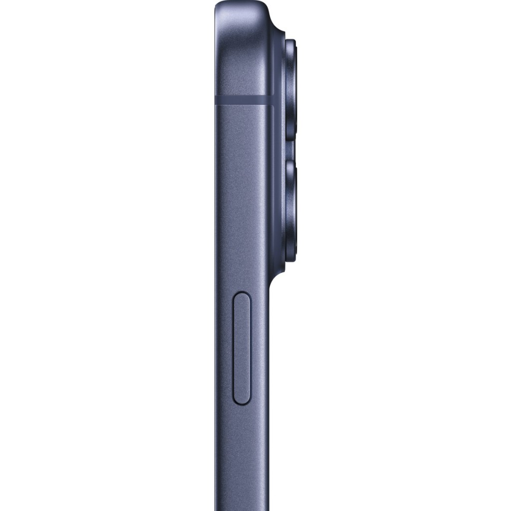 Smartphone blu scuro di profilo con obiettivi e pulsante volume.
