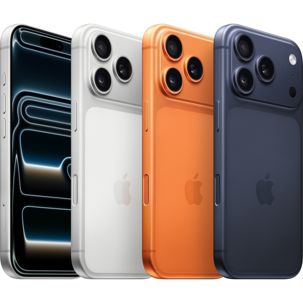 Quattro iPhone argento, bianco, arancione e blu scuro allineati.