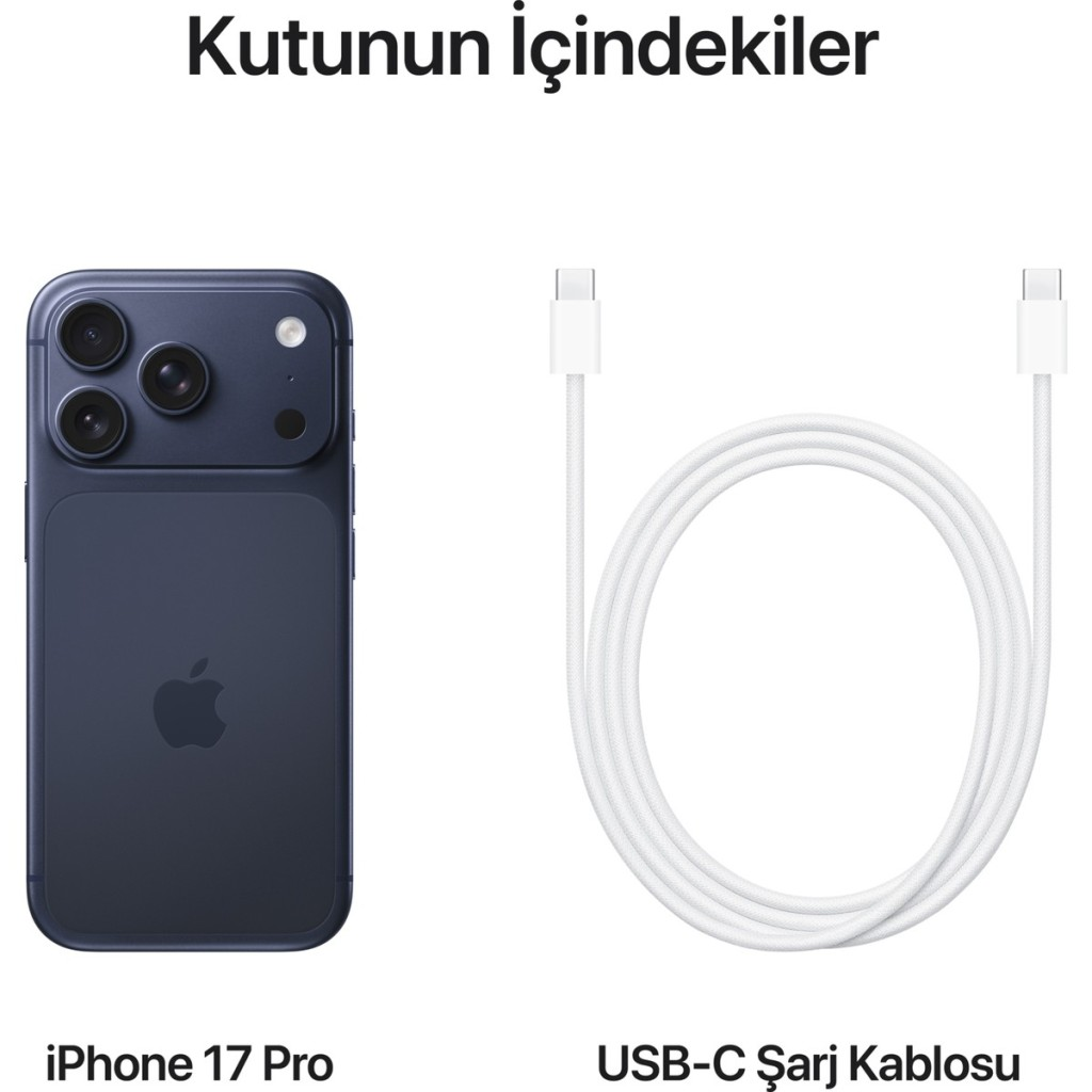 iPhone 17 Pro blu scuro accanto a un cavo di ricarica USB-C bianco.