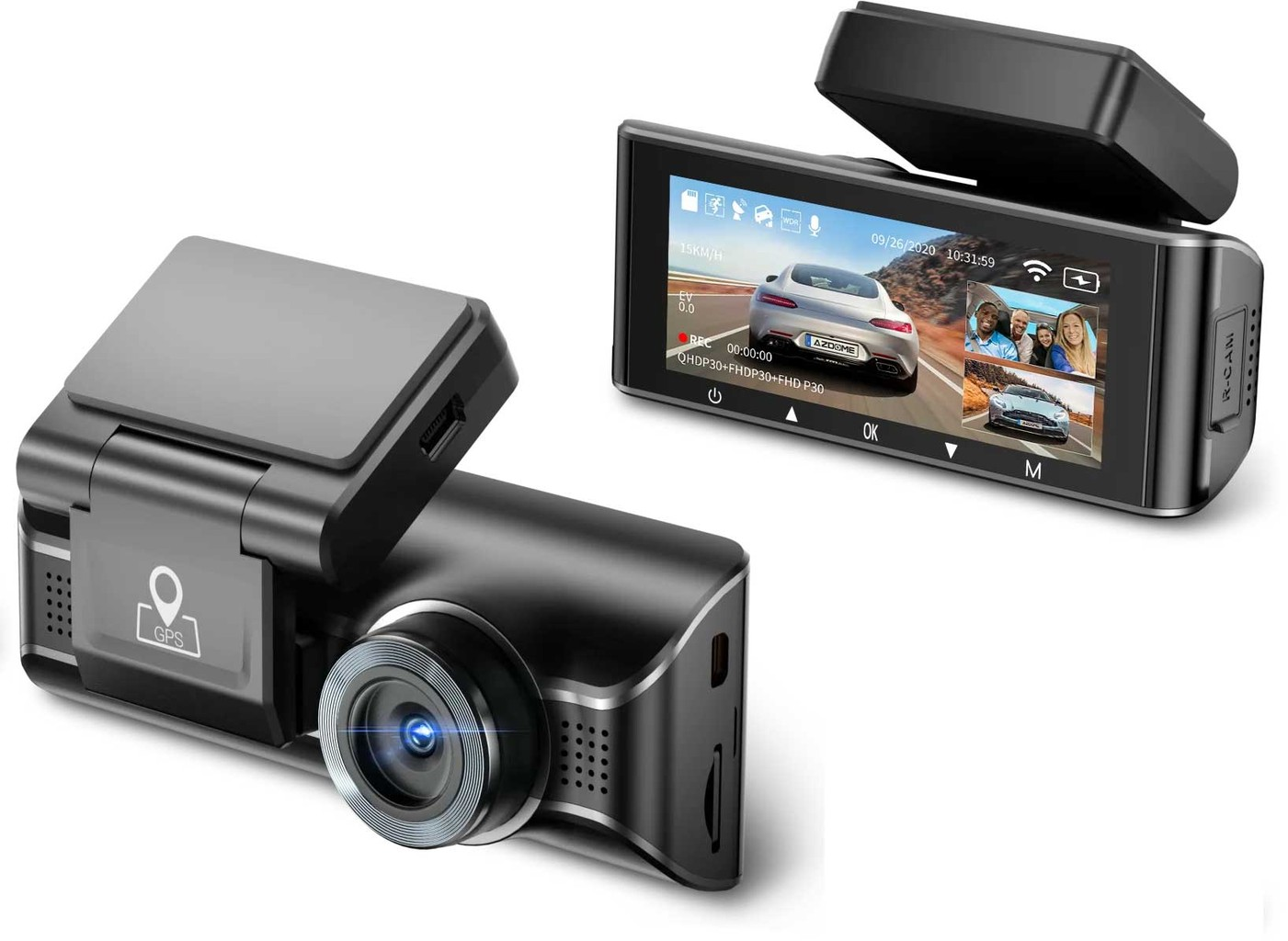 Twee dashcams naast elkaar, één toont GPS-icoon, de andere het scherm.