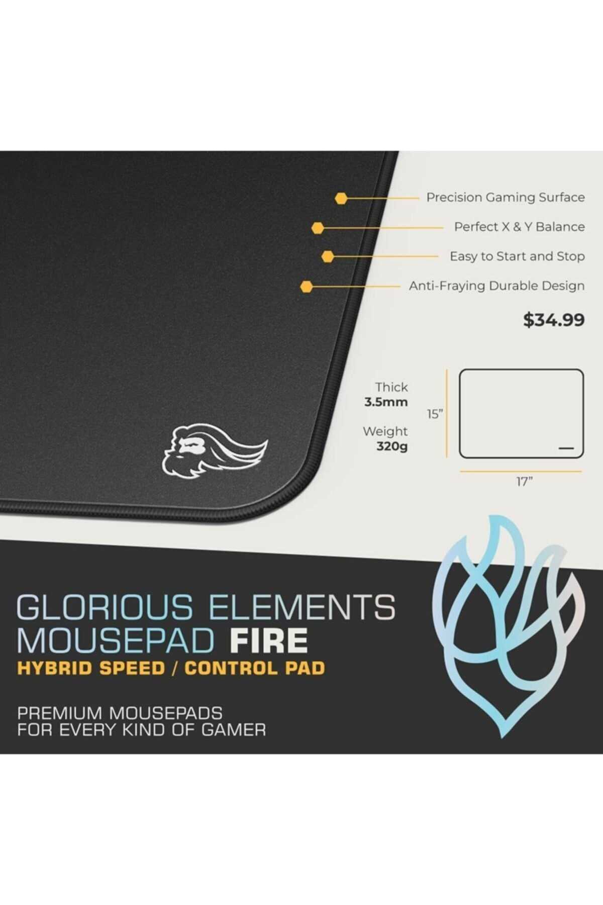 Siyah Glorious Elements Fire mousepad, logo, 15x17 inç, 3.5mm kalınlık, 320g, 34.99$.