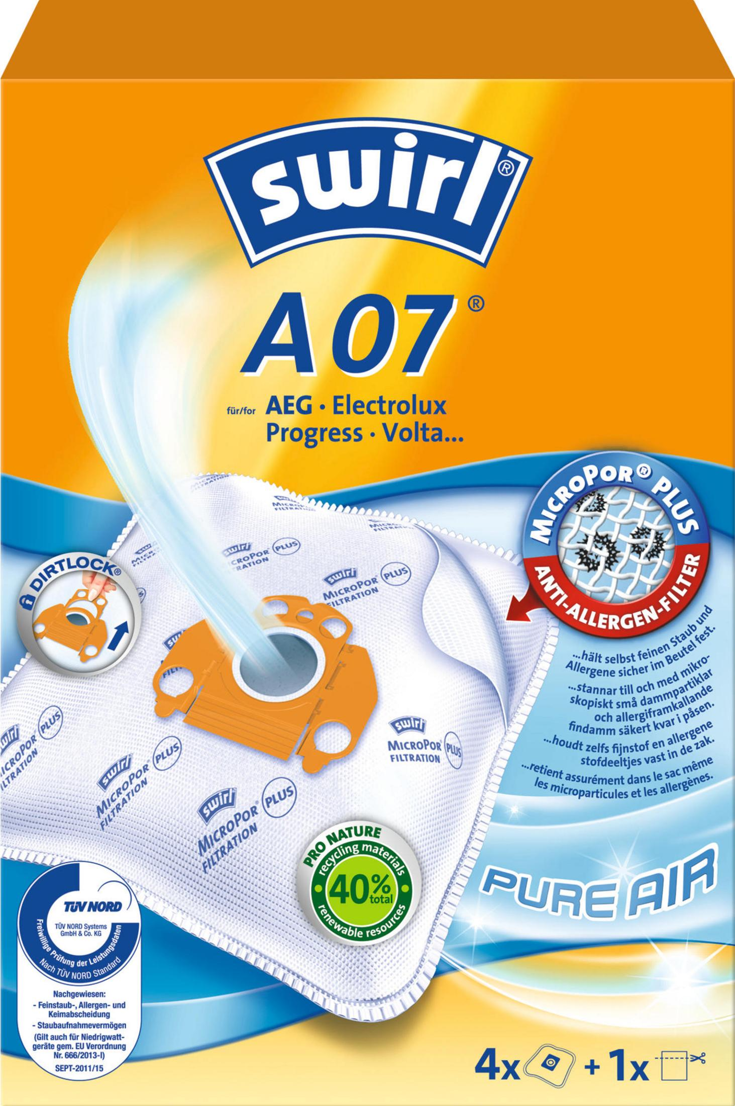 Swirl A07 Staubsaugerbeutel mit Anti-Allergen-Filter, 4 Stück + 1 Filter.