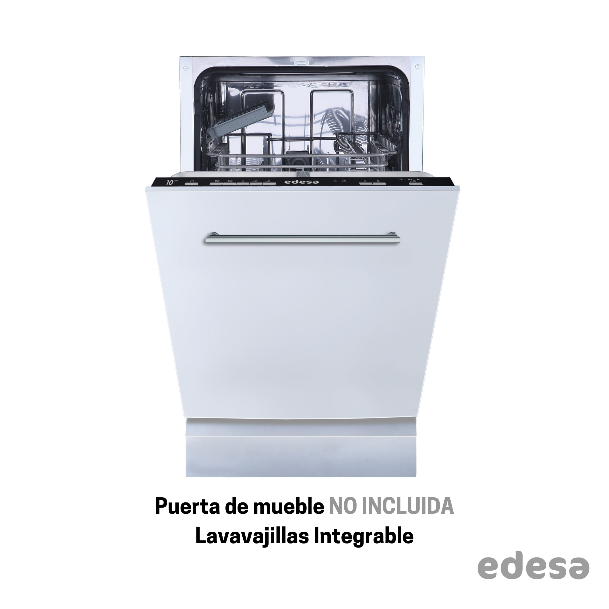 Un lavavajillas blanco integrable con la puerta abierta y un asa.