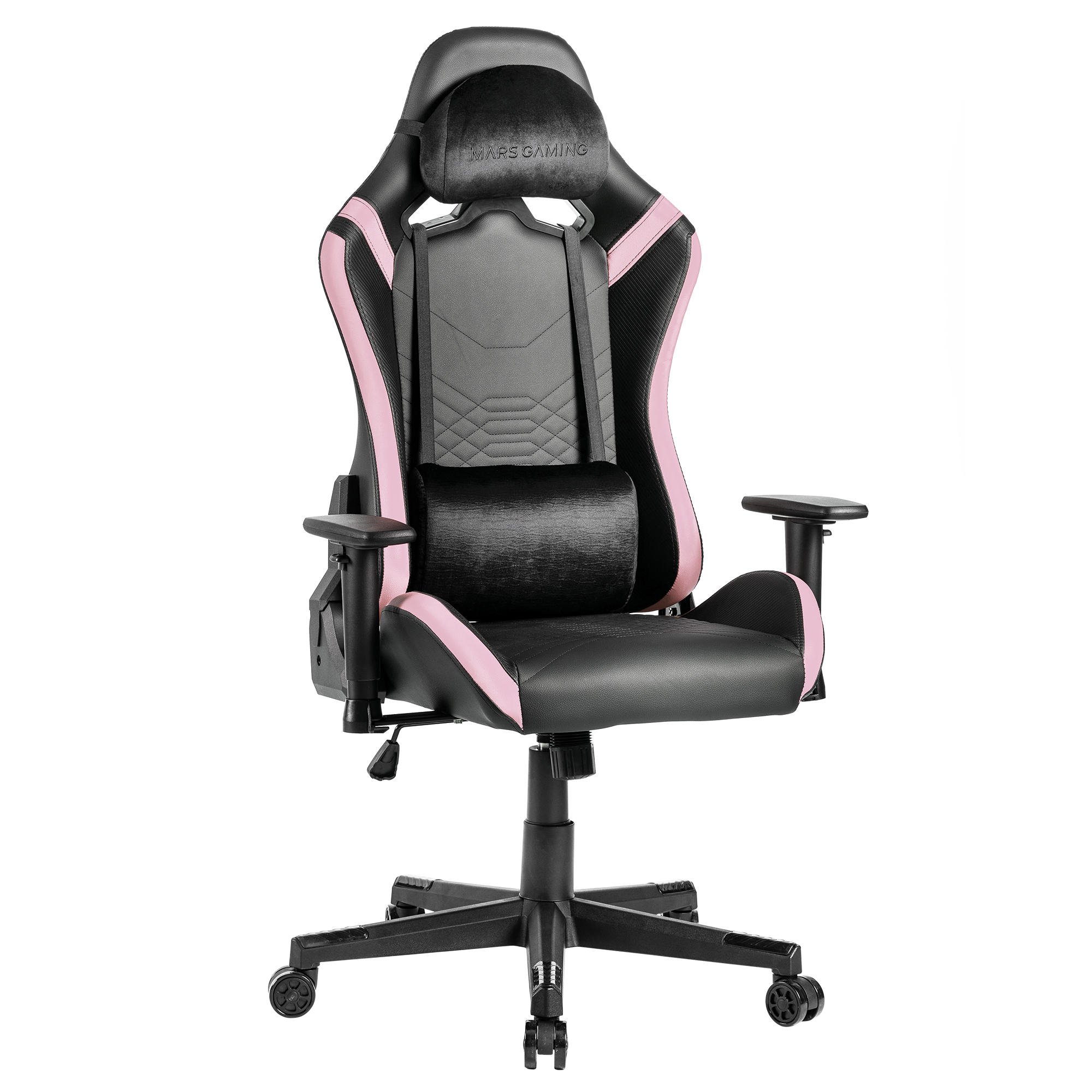 Una silla gamer negra con detalles rosas y cojín lumbar.