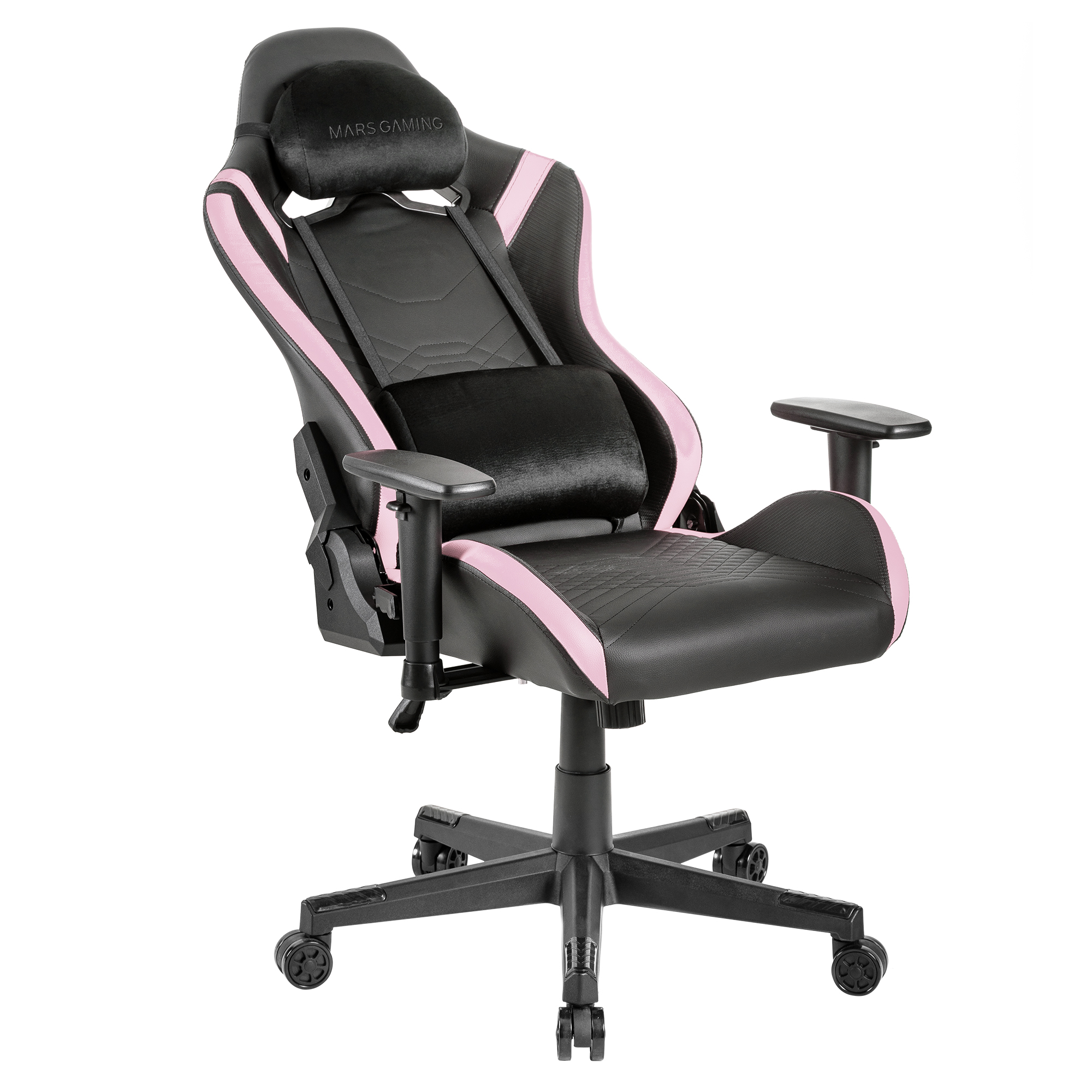 Silla gamer negra con detalles rosas, reposacabezas y cojín lumbar.