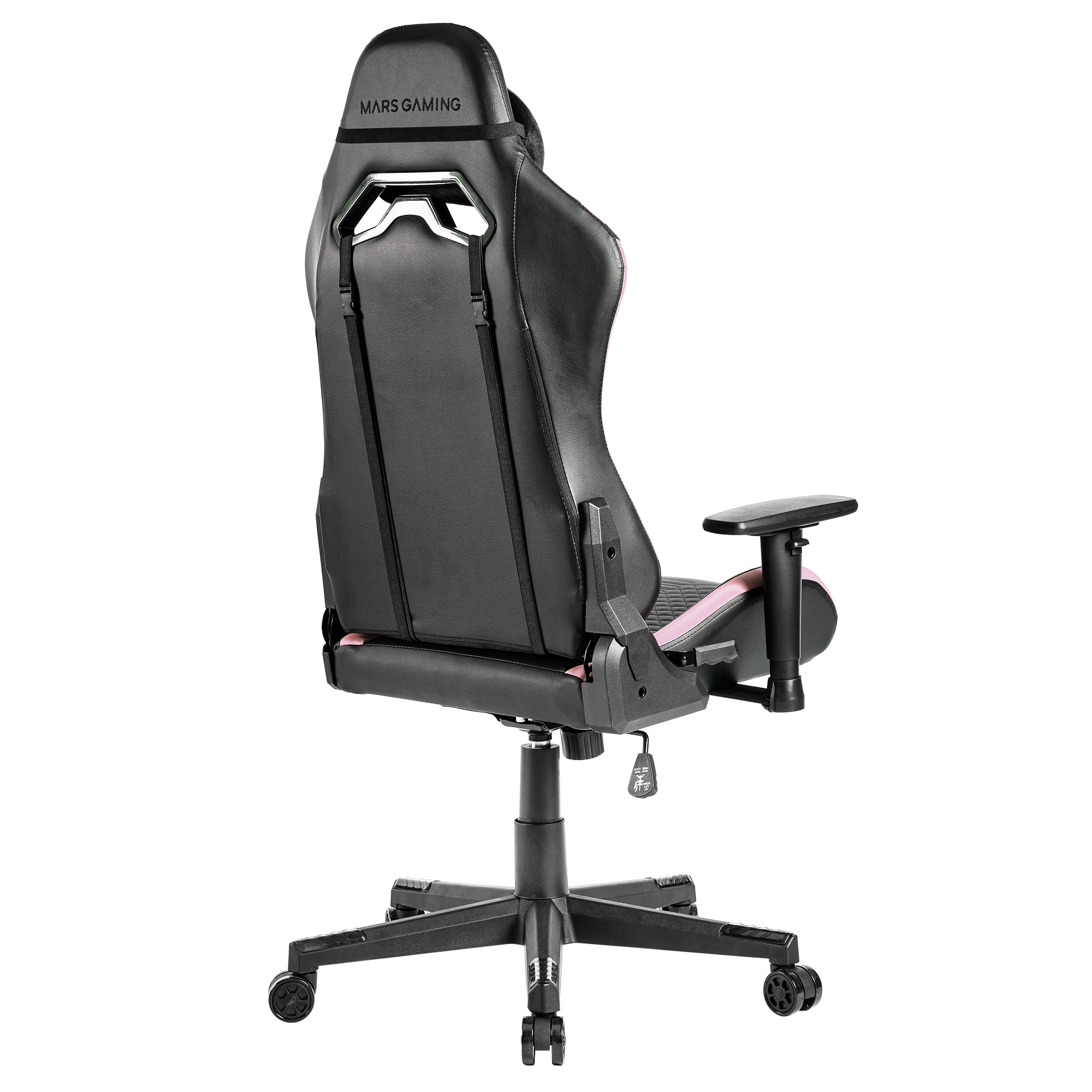 Silla gamer negra con detalles rosas, vista desde atrás.