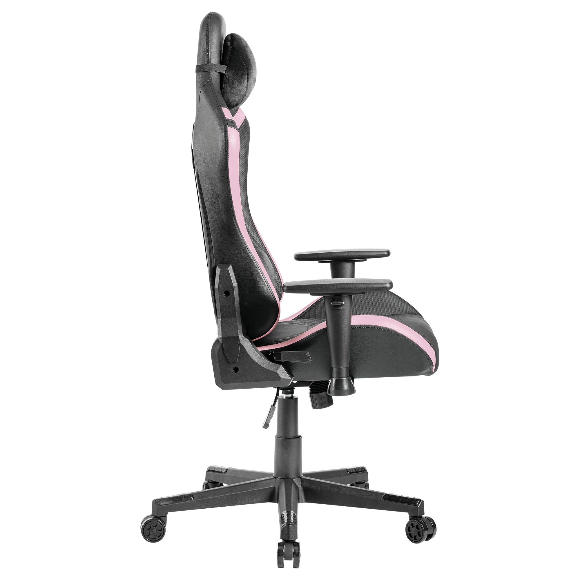Silla gamer negra con detalles rosas, vista de lado.
