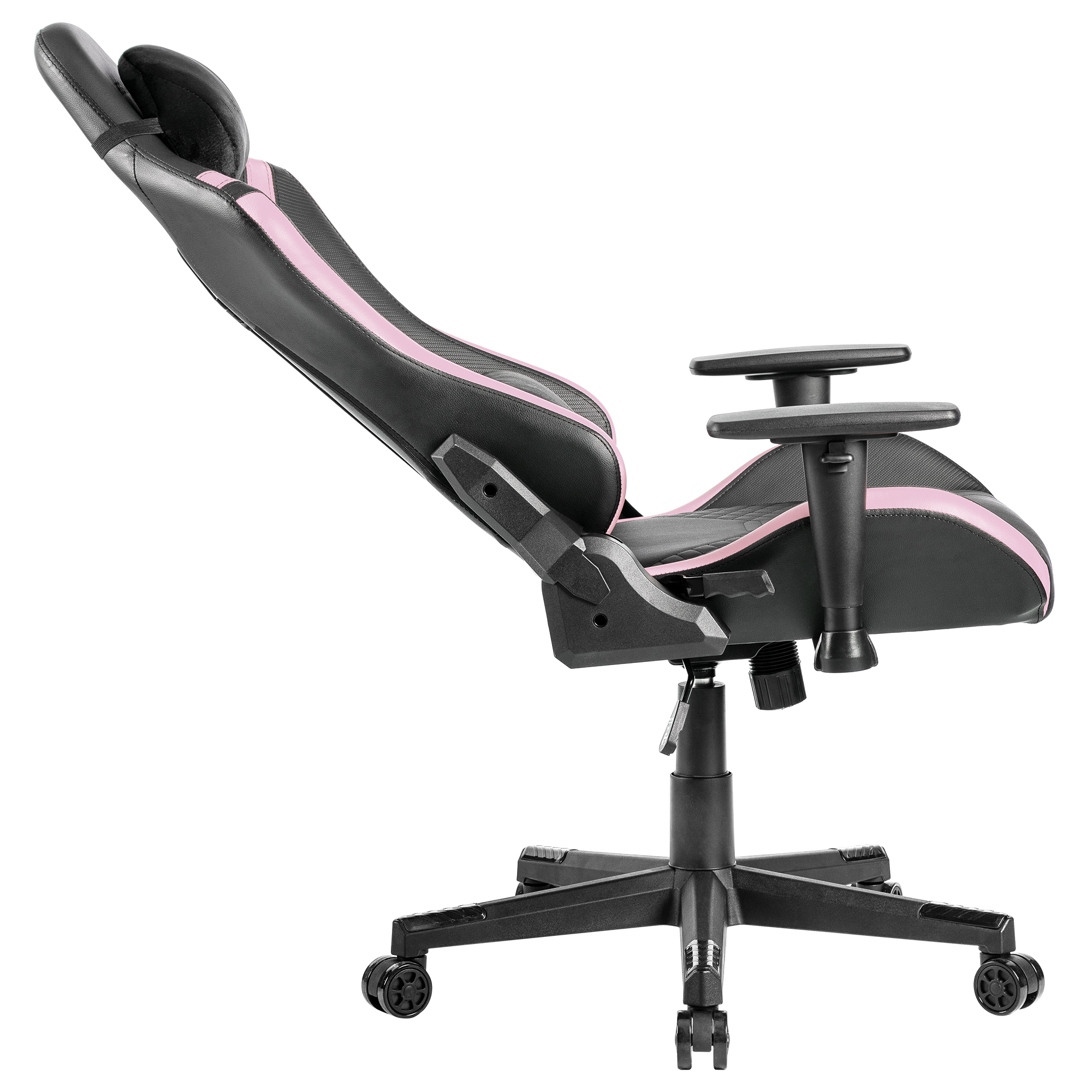 Silla gamer negra con detalles rosas y reposabrazos ajustables.