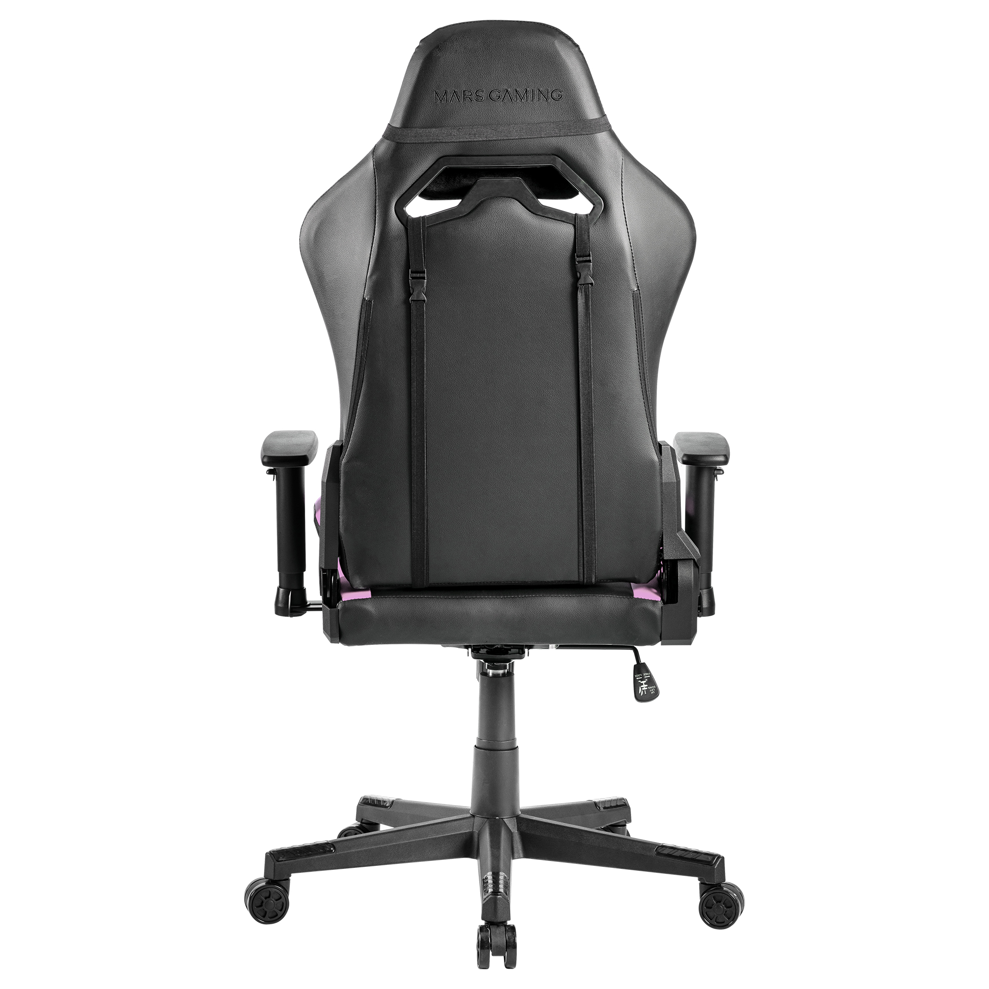 Vista trasera de una silla gamer negra con detalles morados y 