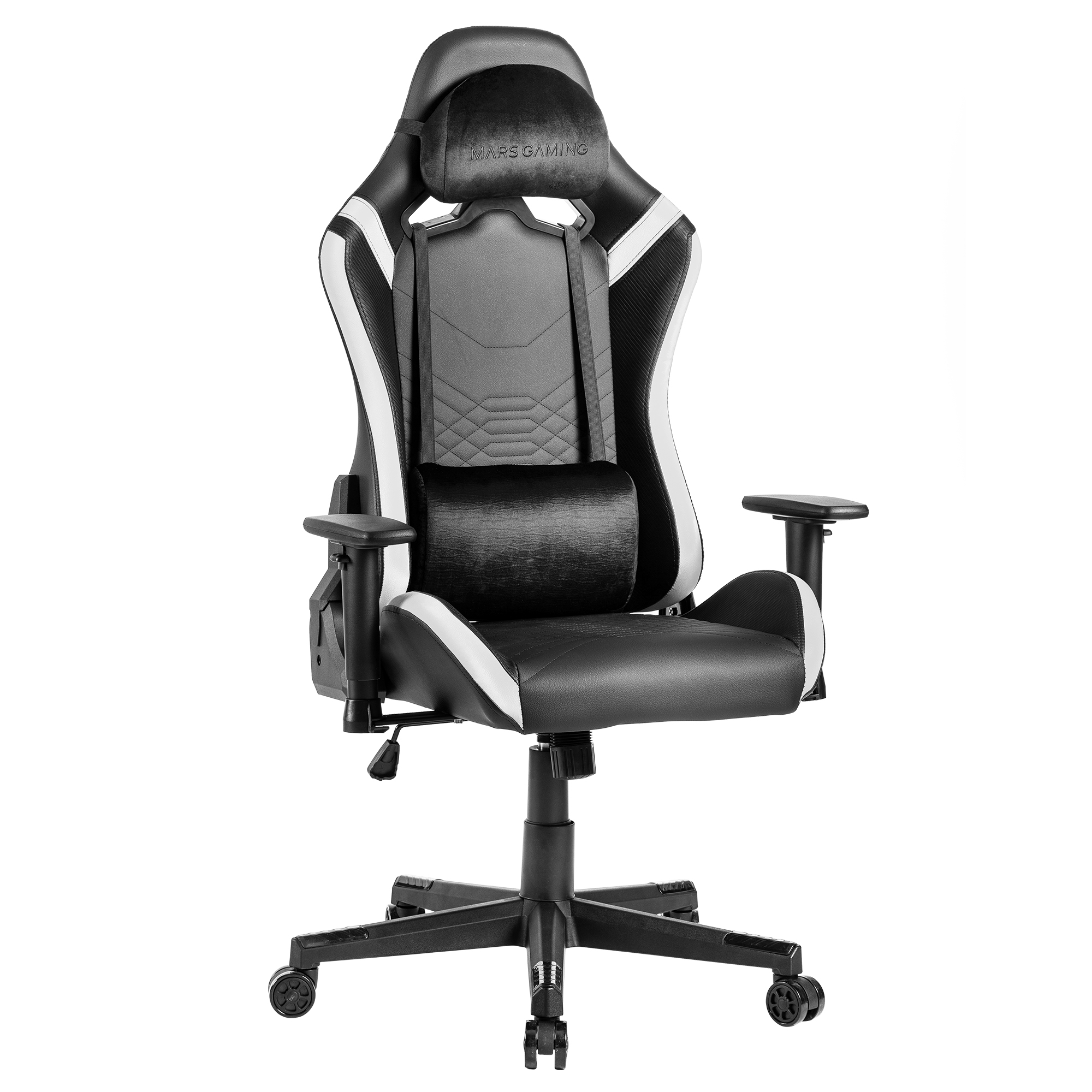 Una silla gamer negra con detalles blancos y un cojín lumbar.
